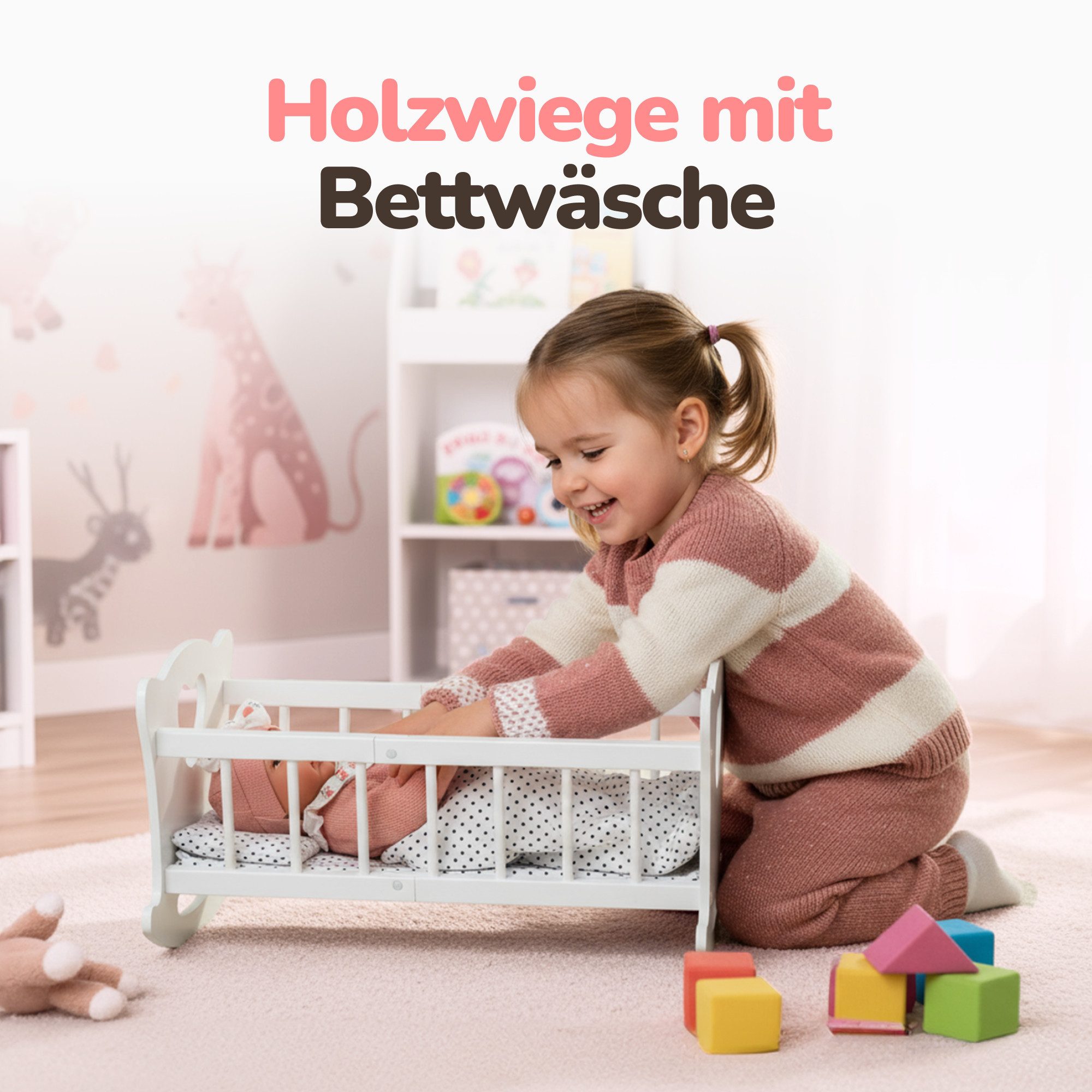 Green Series Puppenwiege Holz Puppenwiege mit Bettwäsche – liebevolles Rollenspiel für Kinder