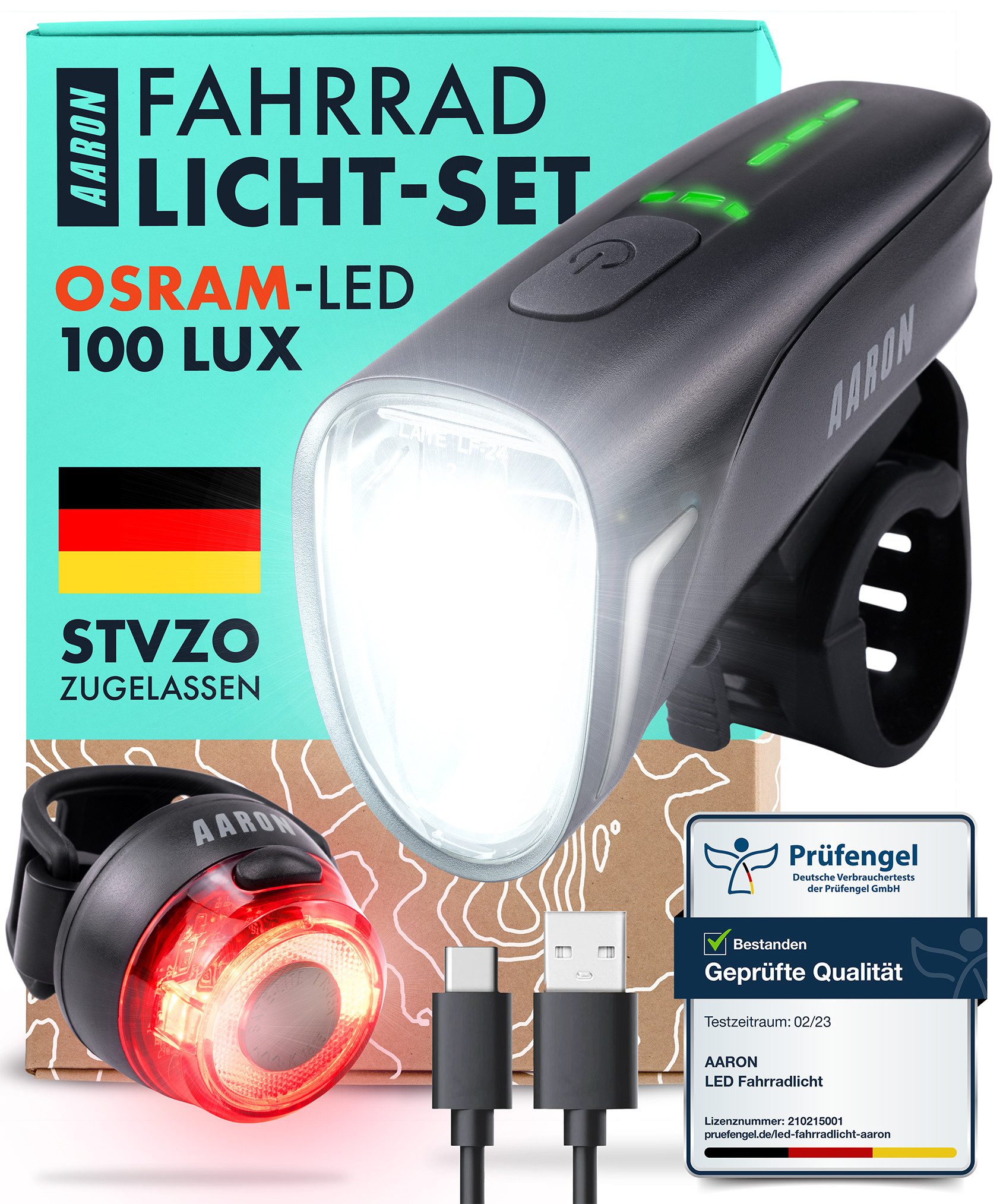 AARON Fahrradbeleuchtung LUX Pro Fahrradlicht Set StVZO Front- und Rücklicht LED Akku