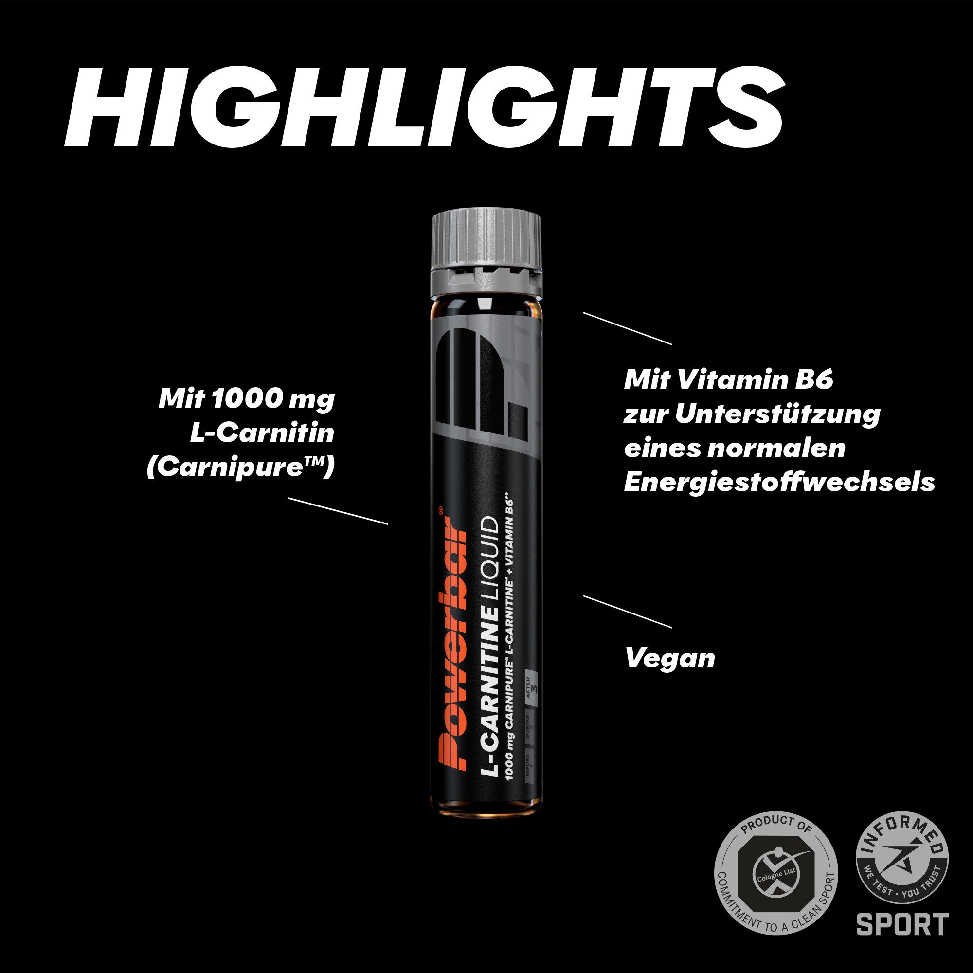 PowerBar L-Carnitine Liquid Black Line 1000 mg L-Carnitine Vitamin B6 20 x 25ml Ampullen Inhalt mit Getränk Ihrer Wahl vermischen., 25 er Display à 500 ml, 1000 mg hochwertiges L-Carnitin und Vitamin B6