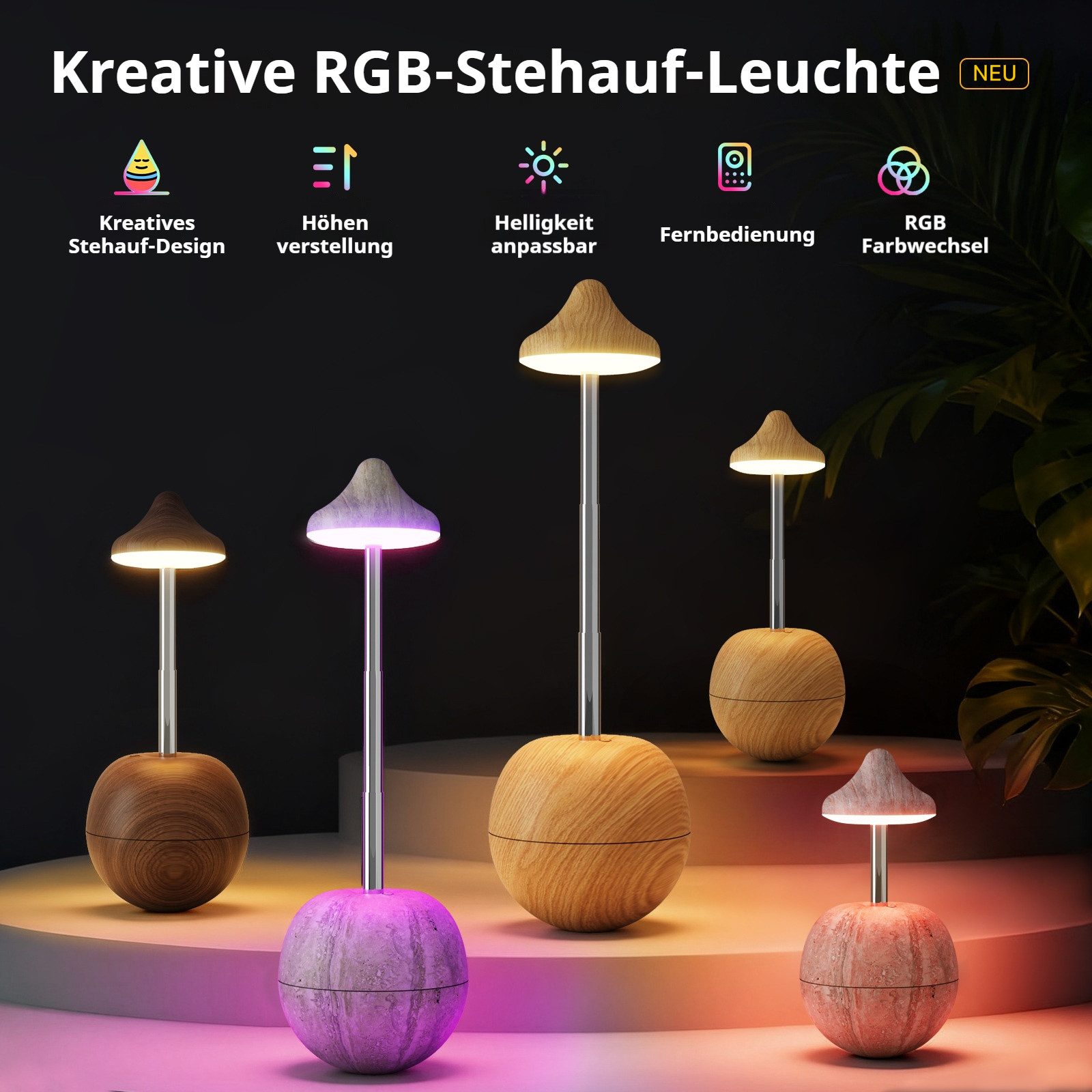 Tekoo LED Nachttischlampe LED Tischleuchte Walnuss-Optik Akku dimmbar RGB Nachttischlampe Holz, LED fest integriert, Warmweiß, Neutralweiß, Kaltweiß, RGB, RGB-Farbwechsel, dimmbar, teleskopierbar, Stehaufmännchen-Funktion