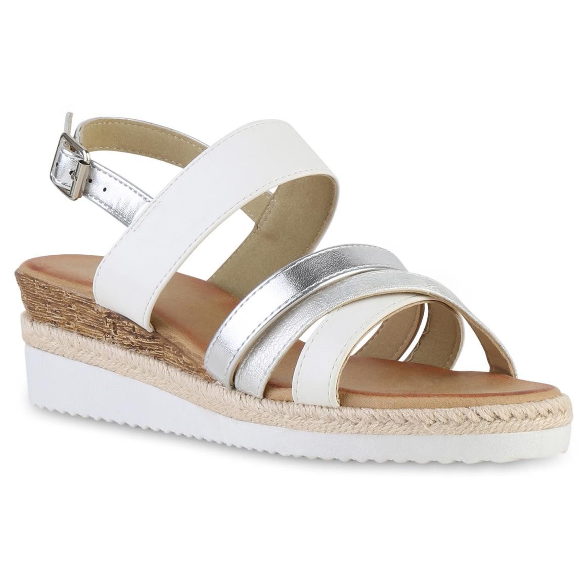 VAN HILL 841551 Keilsandalette Damen Keilsandaletten Sandalette Metallic Bast Profil-Sohle