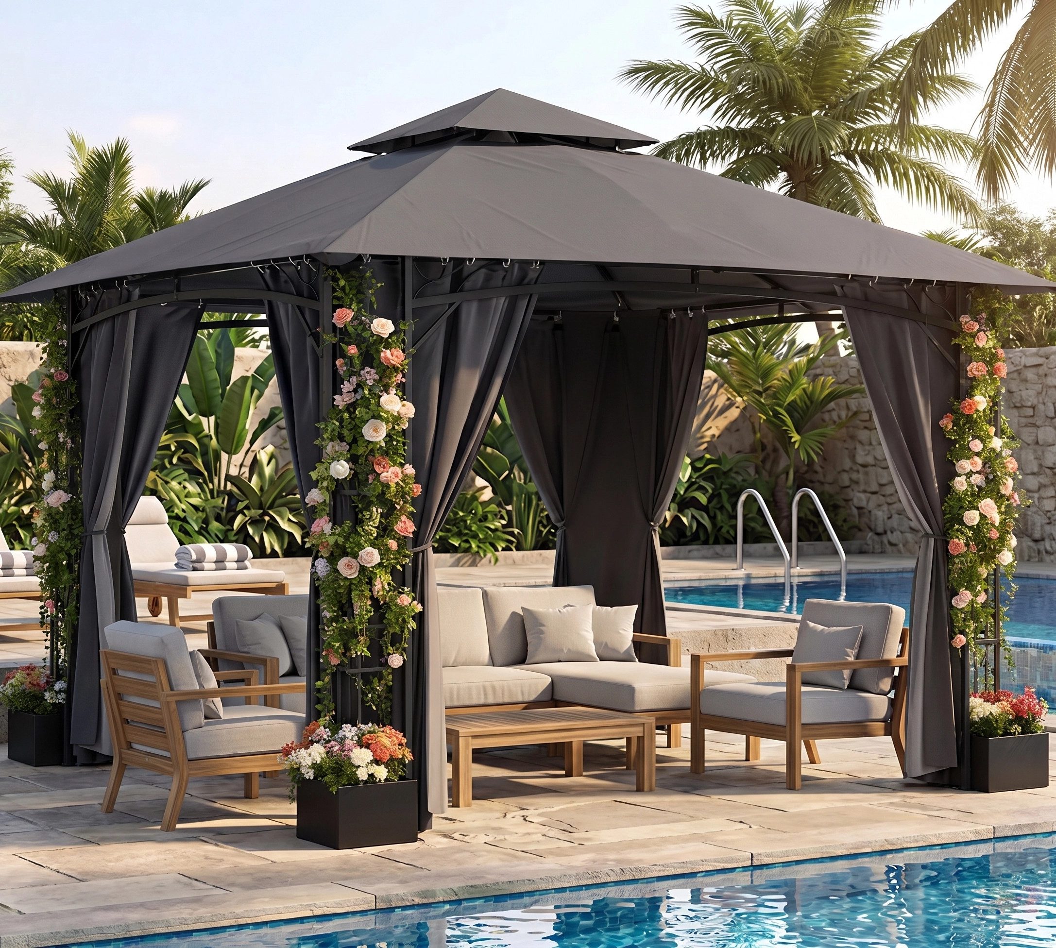 HOMALL Pavillon 300x300 Gartenpavillon mit Blumenkästen & Seitenteilen, UV-Schutz 50+, mit 4 Seitenteilen, (Wasserdicht und UV-Schutz 50+, Tragetasche mit Rollen, höhenverstellbar), Winterfest und wasserdicht gartenzelt, Stabiler Eisenrahmen