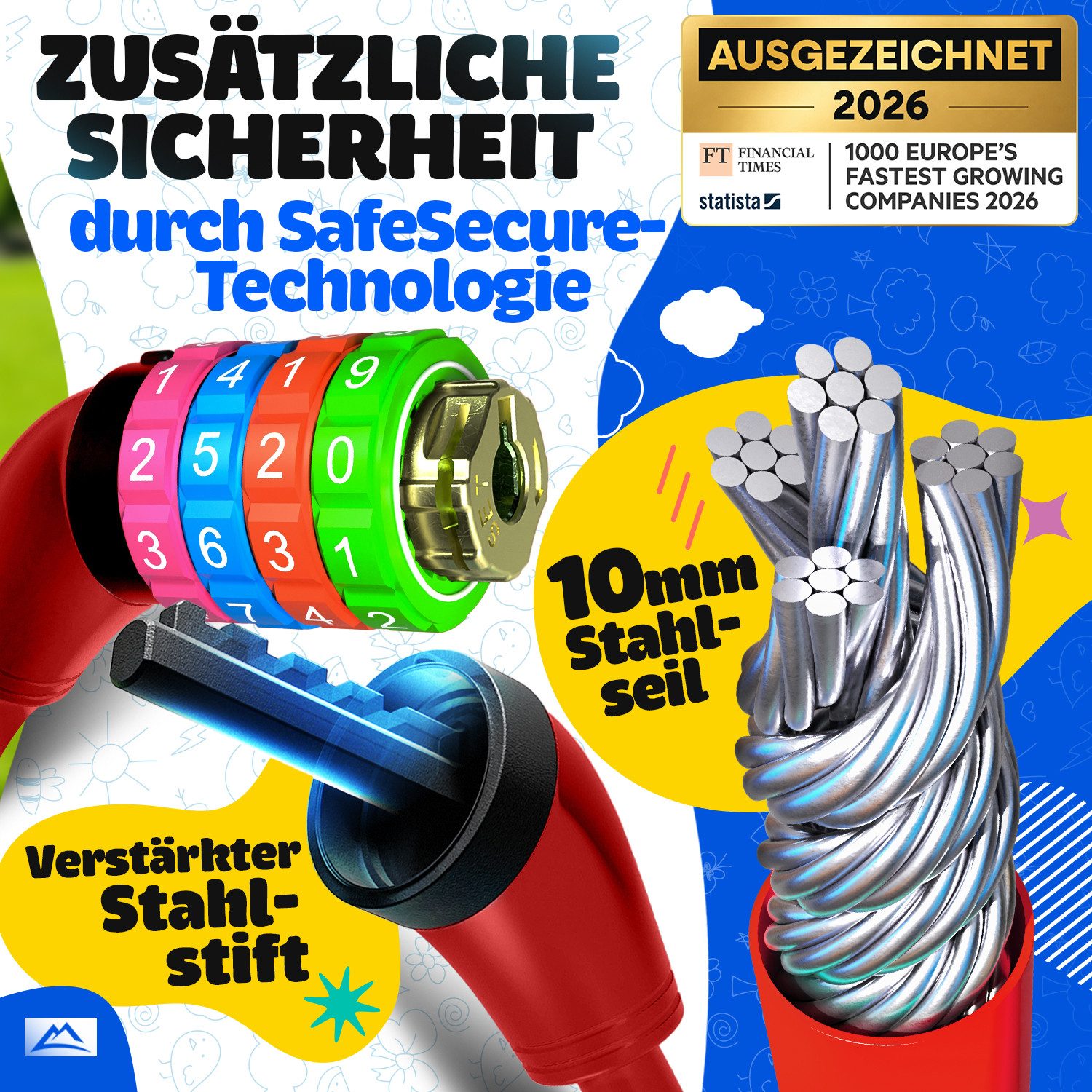 Nextcover Zahlenkabelschloss NEXTCOVER® Fahrradschloss Kinder mit 4-stelligem Zahlencode