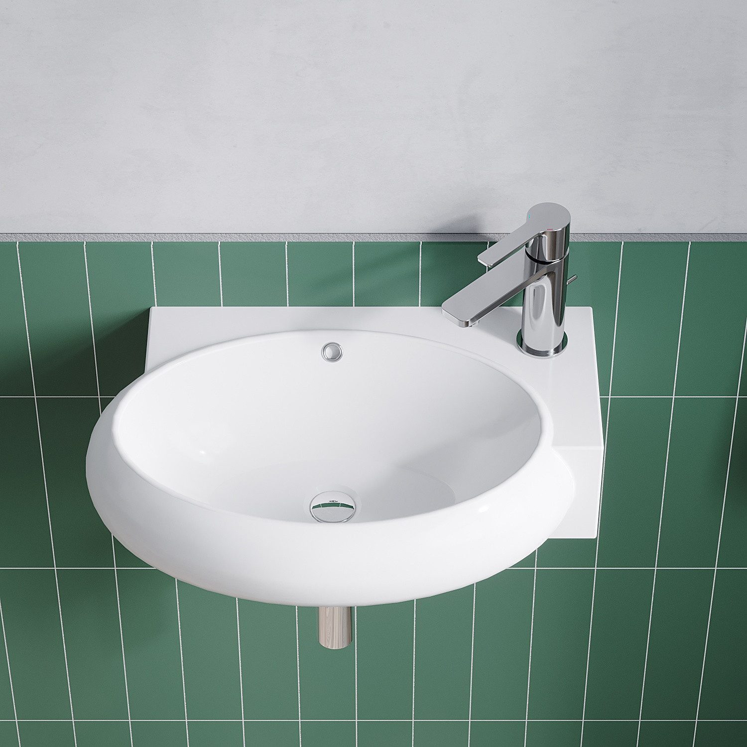 AQUALAVOS Waschbecken Keramik Waschbecken weiß eckig-oval 44x29cm mit Überlauf Hahnloch, Einfache Montage platzsparend Ideal für Gäste-WC & Kleinbäder