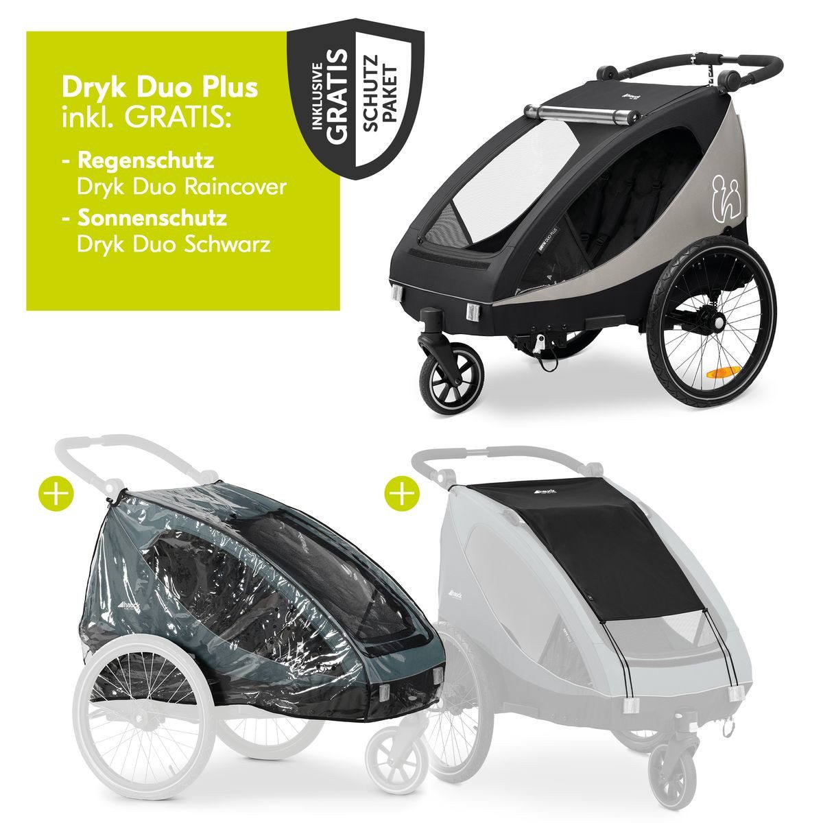 Hauck Fahrradkinderanhänger Dryk Duo Plus - Black, Fahrradanhänger Buggy für 2 Kinder mit Regen-& Sonnenschutz bis 44 kg