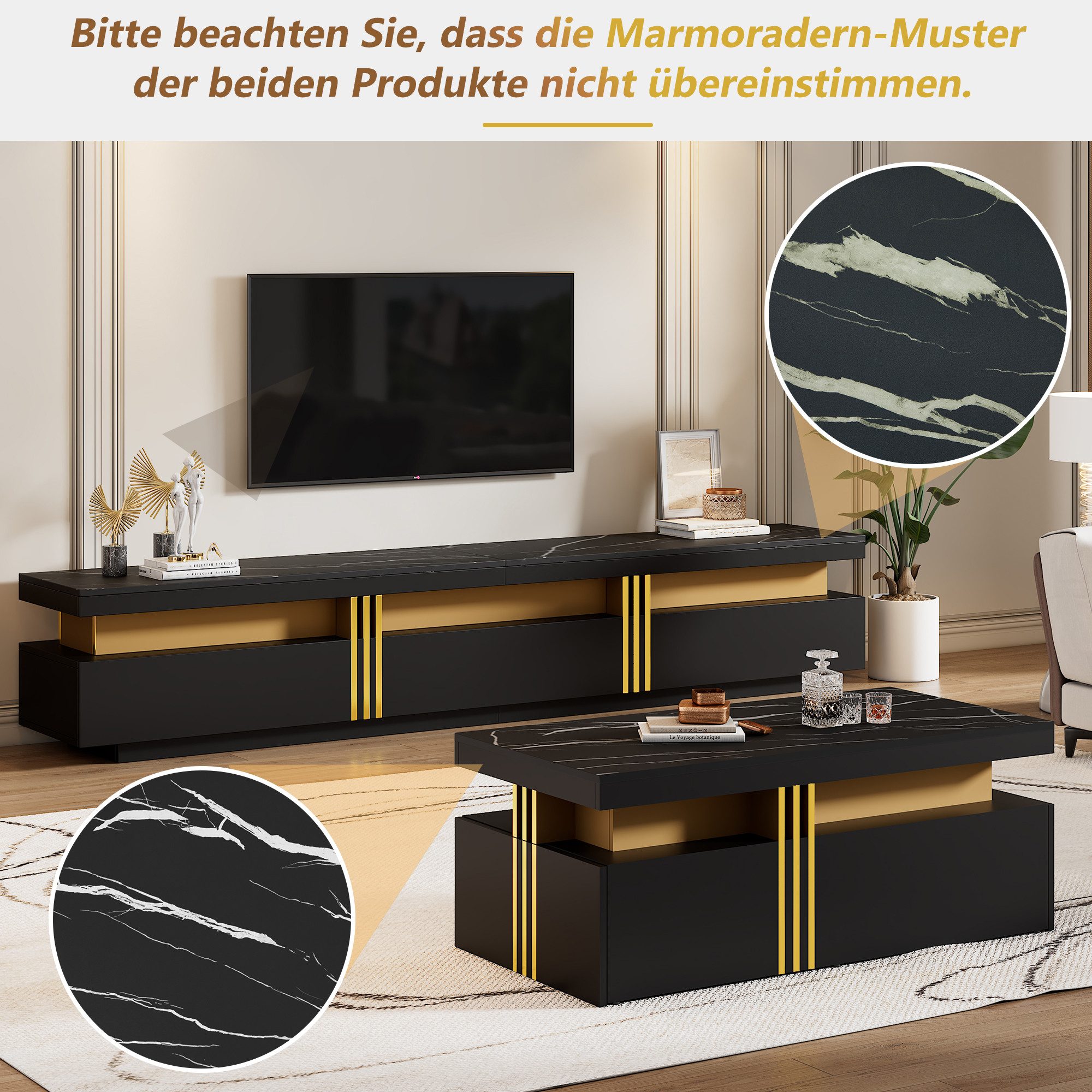 IDEASY Wohnzimmer-Set (2 St) Wohnzimmer Möbel, Moderner Luxus TV- Schrank und Couchtisch-Set, Marmorfurnier, geeignet für TVs bis 90", 200x40x42 cm & 100x50x40 cm
