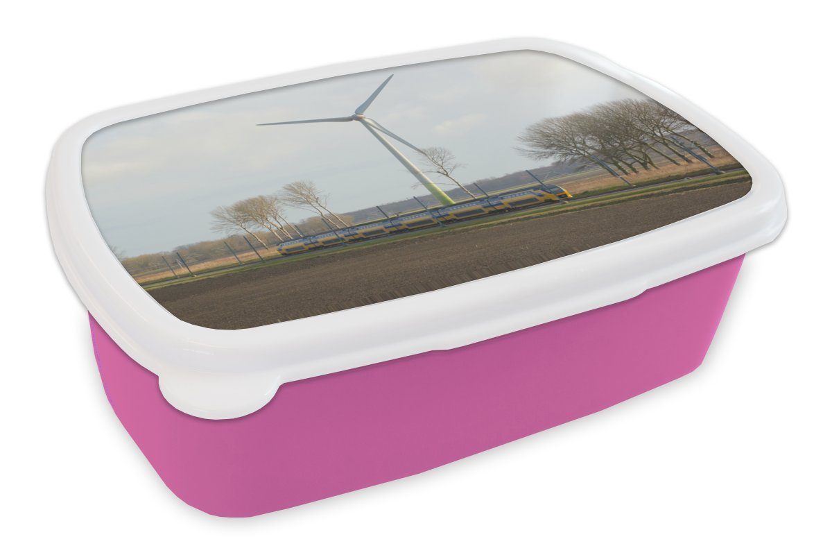 Brotbox Kinder, (2-tlg), Kunststoff mitten Kunststoff, Brotdose rosa Lunchbox Zug MuchoWow auf Snackbox, der Mädchen, Erwachsene, für Ein Wiese,