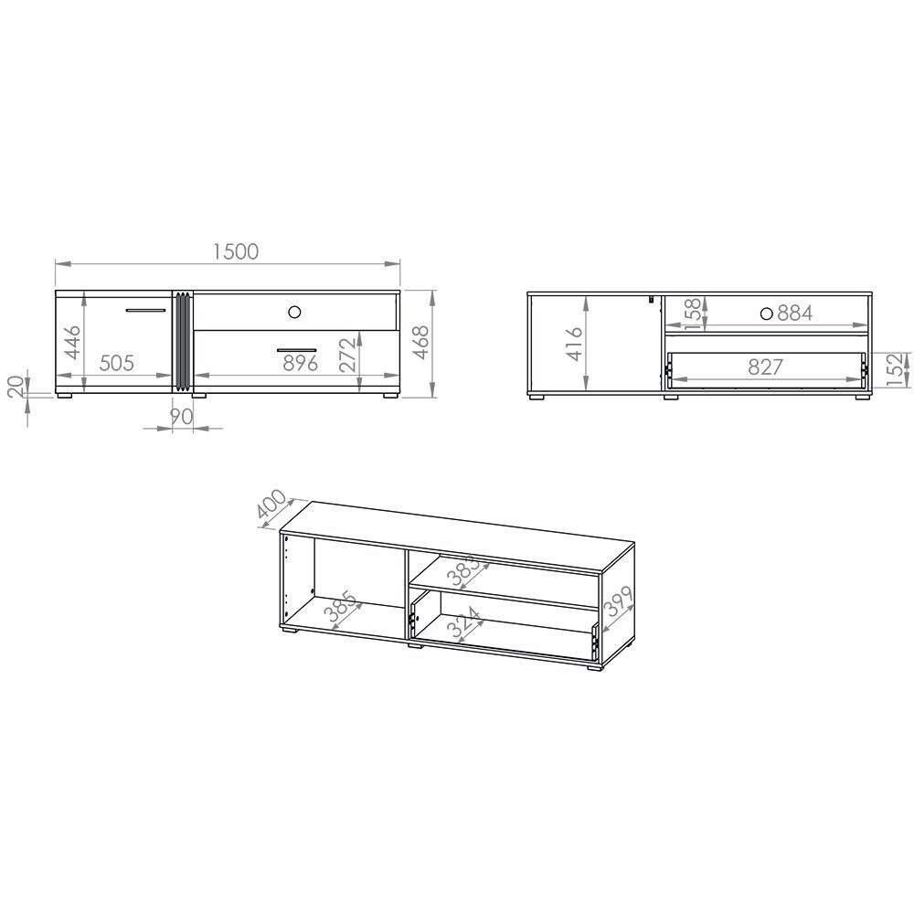 Lomadox Wohnwand AKRON-131, (3-St., 3-tlg), Anbauwand Wandboard aus bestehend und Lowboard, Sideboard