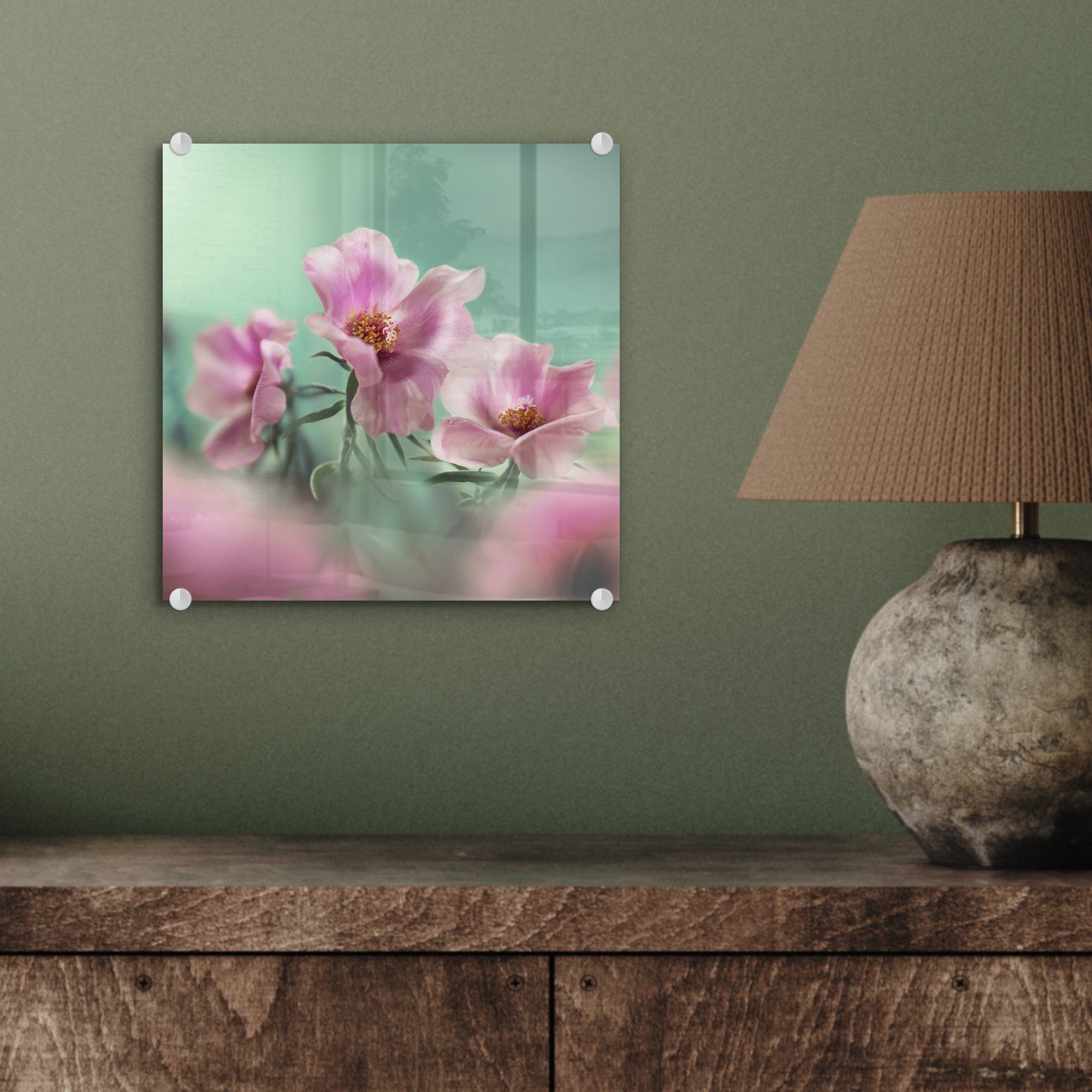 Glas Wanddekoration (1 Tulpe auf einer MuchoWow türkisfarbenem Acrylglasbild Glas St), Blätter rosa auf - Bilder Hintergrund, - - Glasbilder Wandbild mit Foto