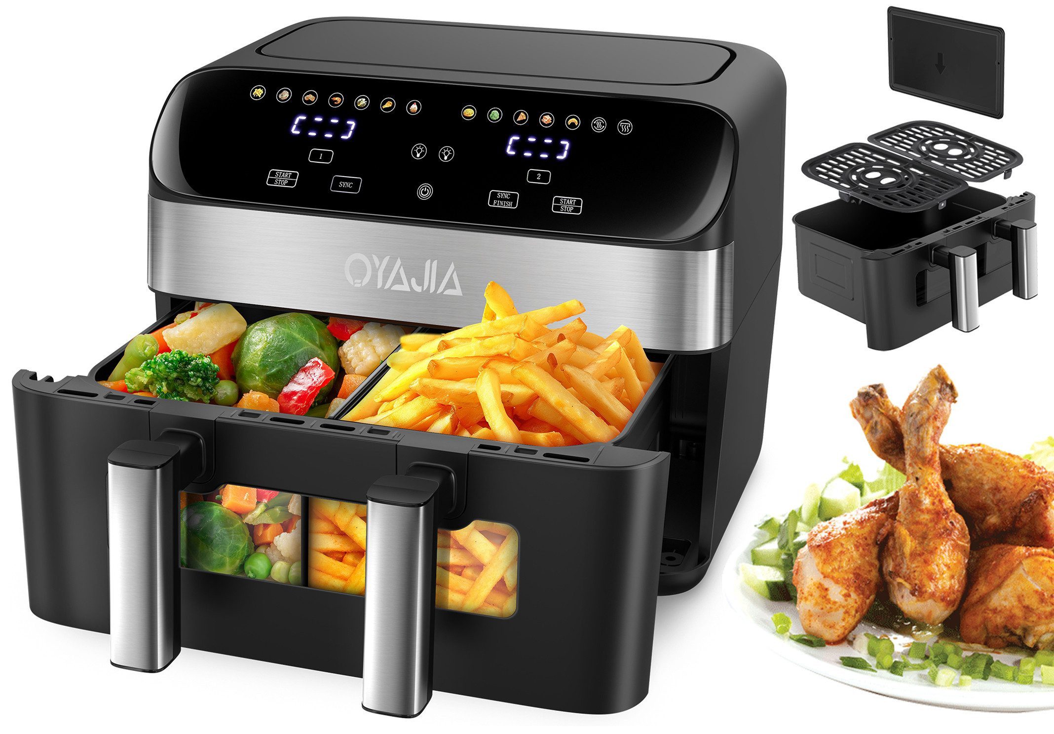oyajia Heißluftfritteuse XXL Heißluftfritteuse DualBasket mit Sichtfenster, Doppelkammer, 10L Max Airfryer, Touch Display, 2600,00 W, 12 Automatikprogramme, je 5 I pro Korb