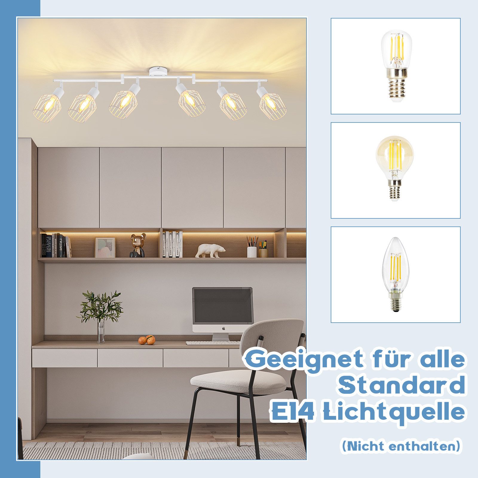 ZMH Deckenleuchte 6 Flammig E14 Deckenstrahler Retro Drehbar 350° für Flur Schlafzimmer, Staubgeschützt, ohne Leuchtmittel, Einfache Installation für Wohnzimmer – Bild 4 von 5