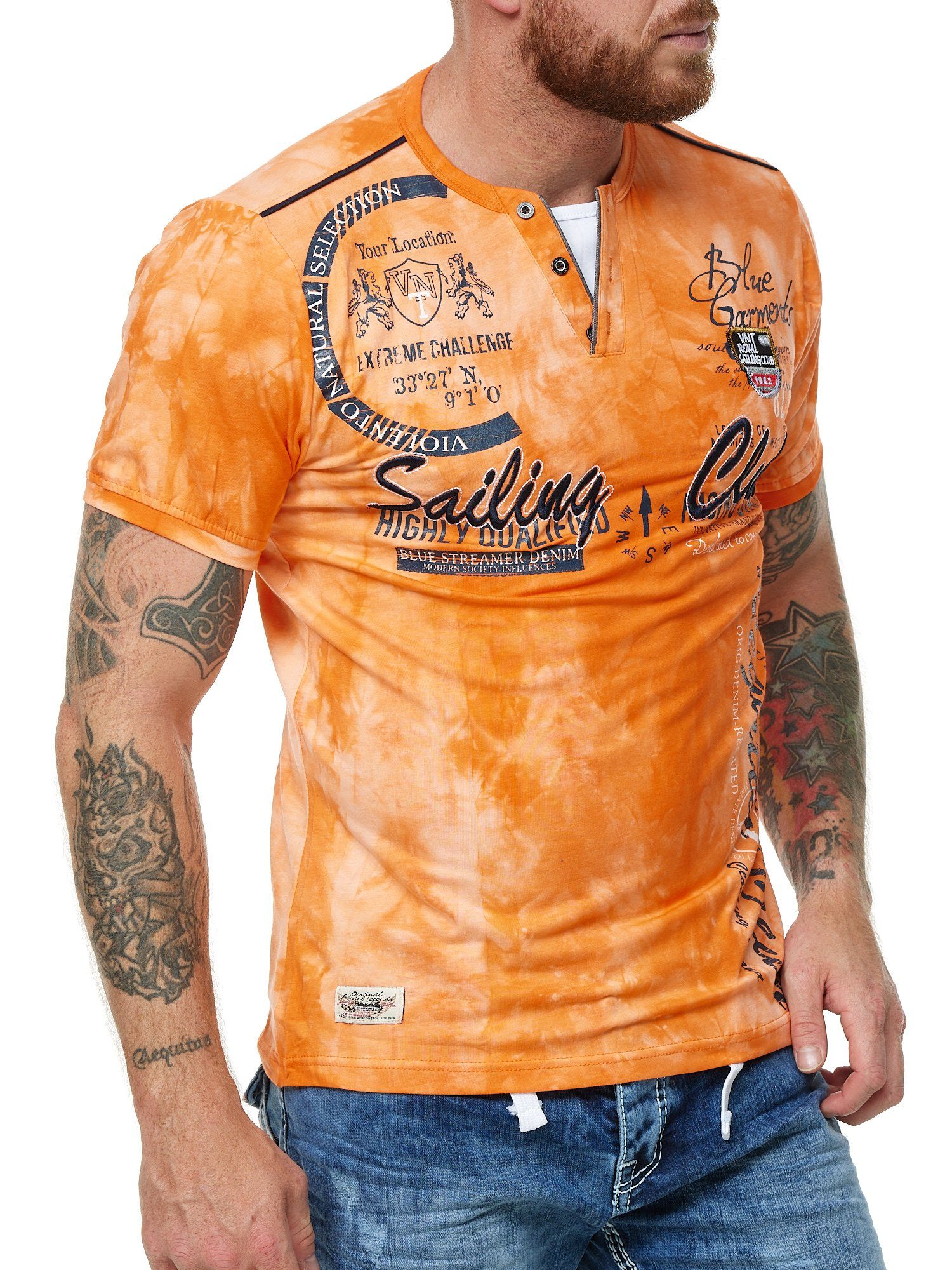 L.gonline Kurzarmshirt Herren T-Shirt mit Knopfleiste, Verwaschen kurzarm m günstig online kaufen