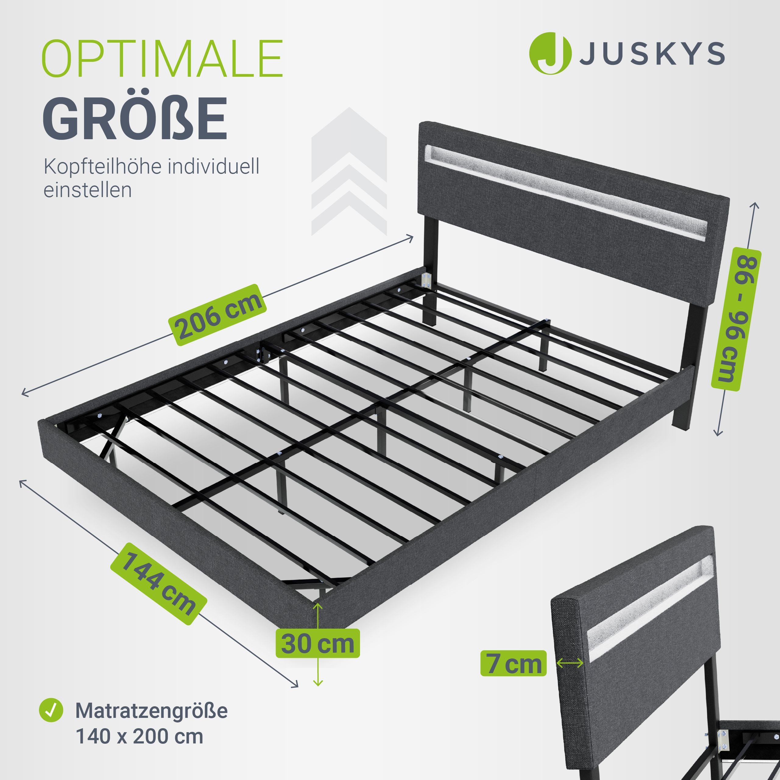 Juskys Polsterbett Lissabon, LED-Beleuchtung, Leinen, verstellbares Kopfteil, Schwebebett