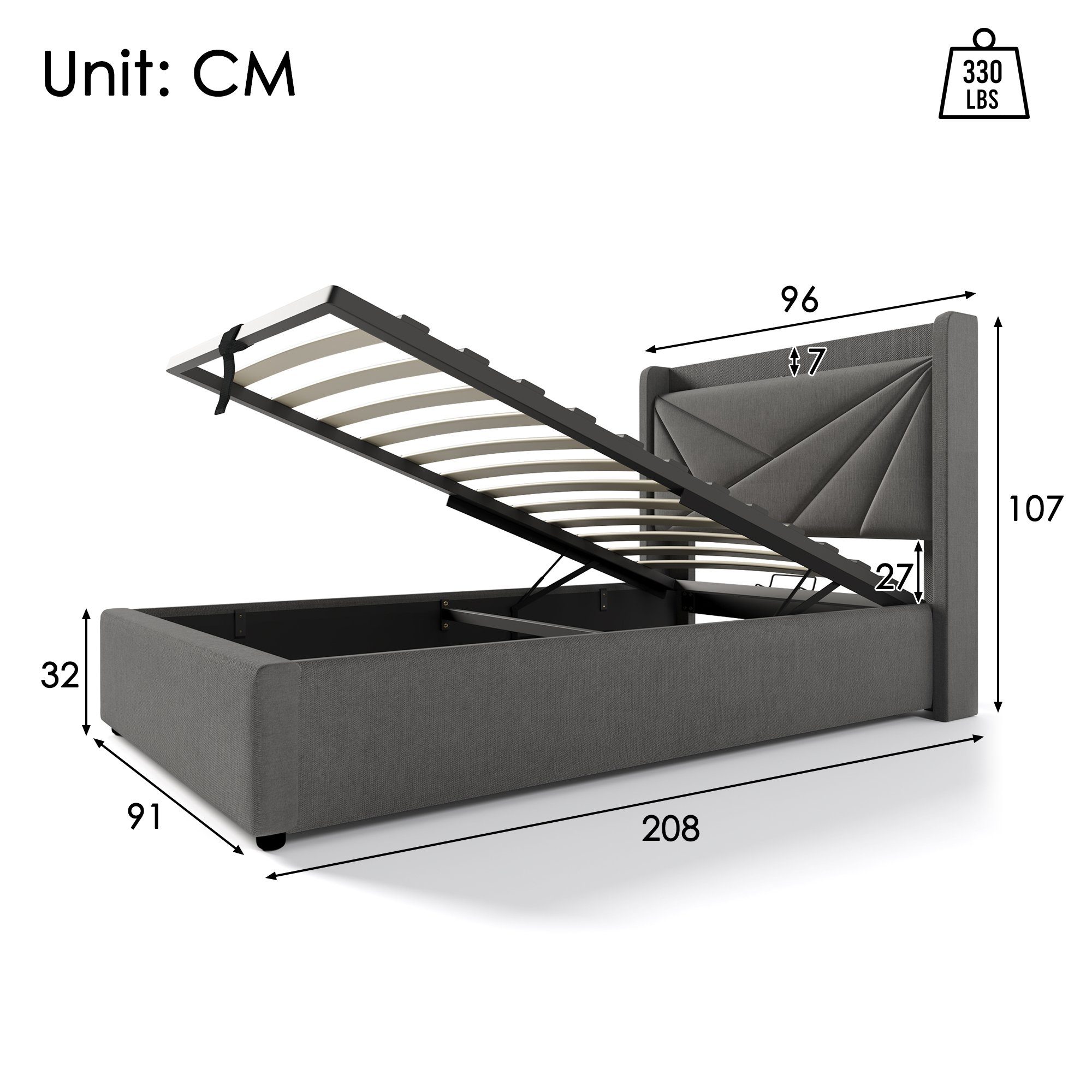 Polsterbett (Funktionsbett mit Lattenrost und Matratze), Stauraumbett 90x200cm mit USB Typ C Ladefunktion Kopfteil, Leinen