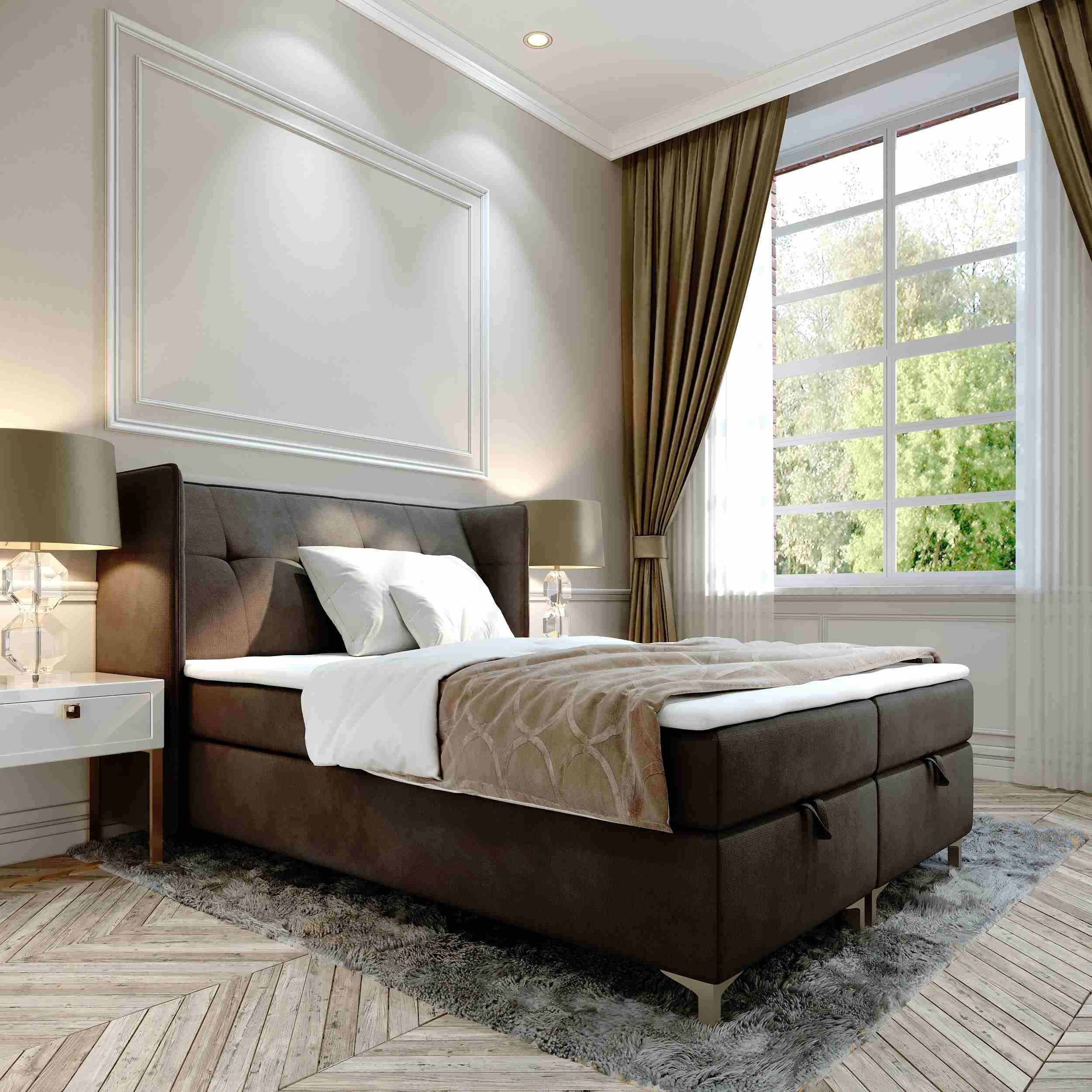 Furnix Polsterbett TOLIE 140,160, 180, 200x 200 cm Bett mit Bettkasten und Topper, wahlweise in 5 Größen und 7 Farben Braun