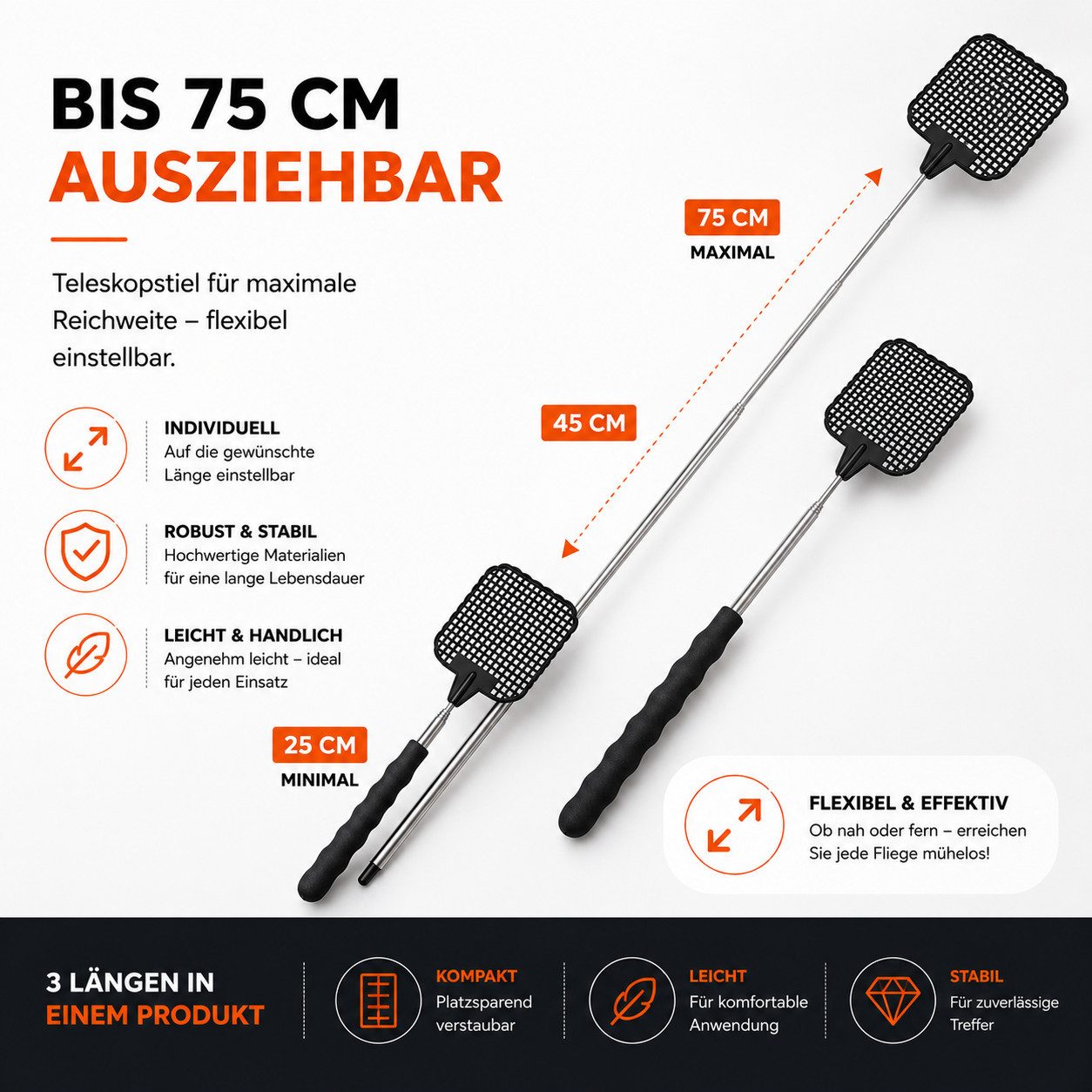 Gartiva® Fliegenklatsche 2 schwarze Teleskop-Fliegenklatschen, ausziehbar von 27 bis 73 cm, ausziehbar von 27cm bis 73cm – Bild 5 von 5