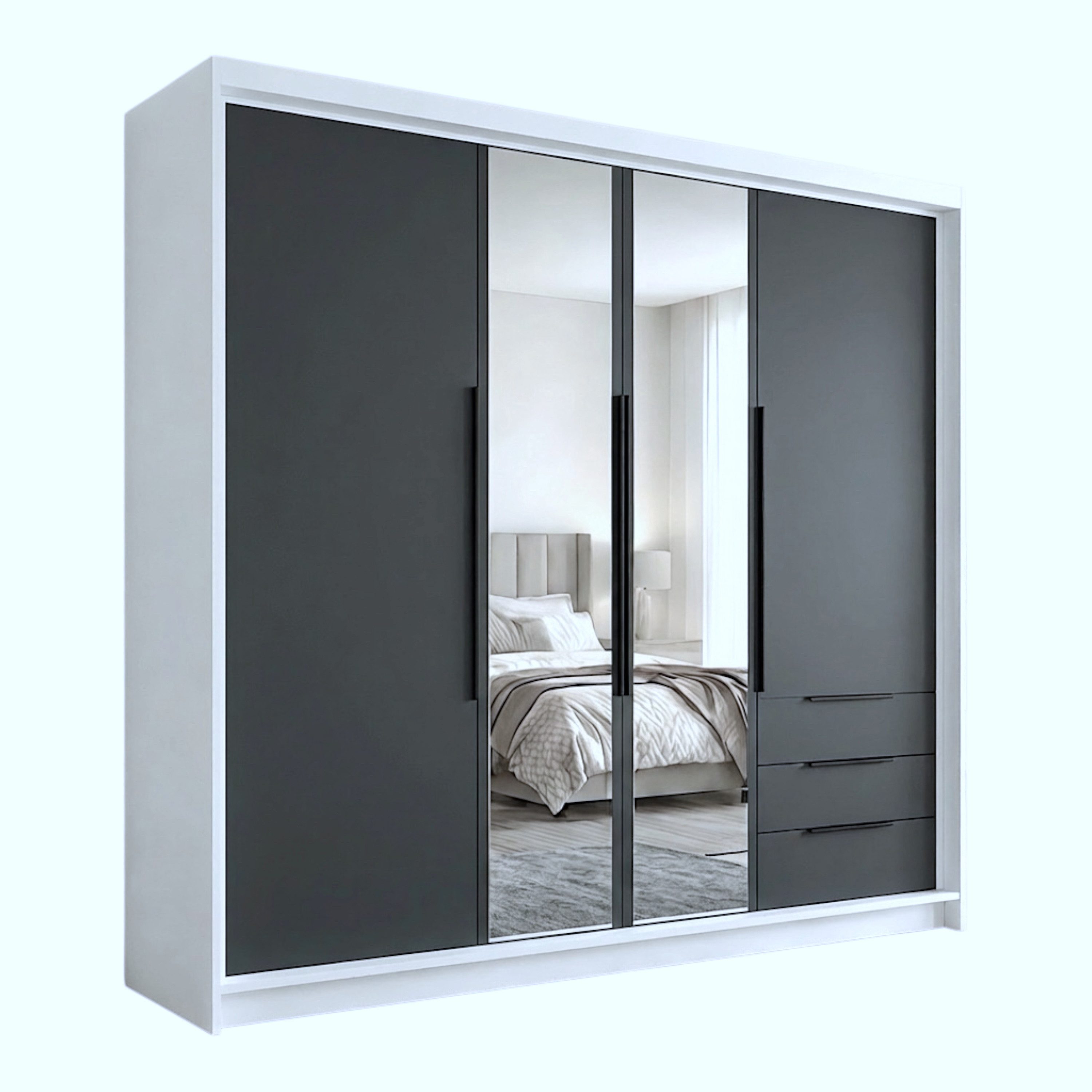 A&J MöbelLand GmbH Drehtürenschrank VIVO mit integrierten Schubladen (Geräumiger vier¬türiger Kleiderschrank mit Schubladen und Metallgriffen. Geräumiger Schrank mit einer Breite von 200 cm und Schubladen, ideal zur Aufbewahrung von Kleidung und Accessoires. Viel Stauraum. TOP PRODUKT! Wählen Sie das ideale Modell für Ihr Schlafzimmer!, TOP ANGEBOT) Breite: 200 cm, Höhe: 215 cm, Tiefe: 59,5 cm