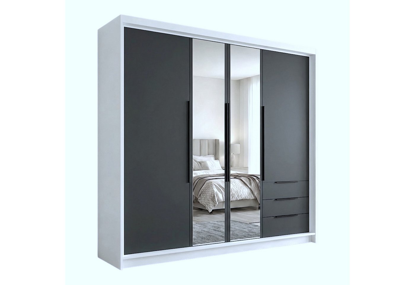 A&J MöbelLand GmbH Drehtürenschrank VIVO mit integrierten Schubladen (Geräumiger vier¬türiger Kleiderschrank mit Schubladen und Metallgriffen. Geräumiger Schrank mit einer Breite von 200 cm und Schubladen, ideal zur Aufbewahrung von Kleidung und Accessoir