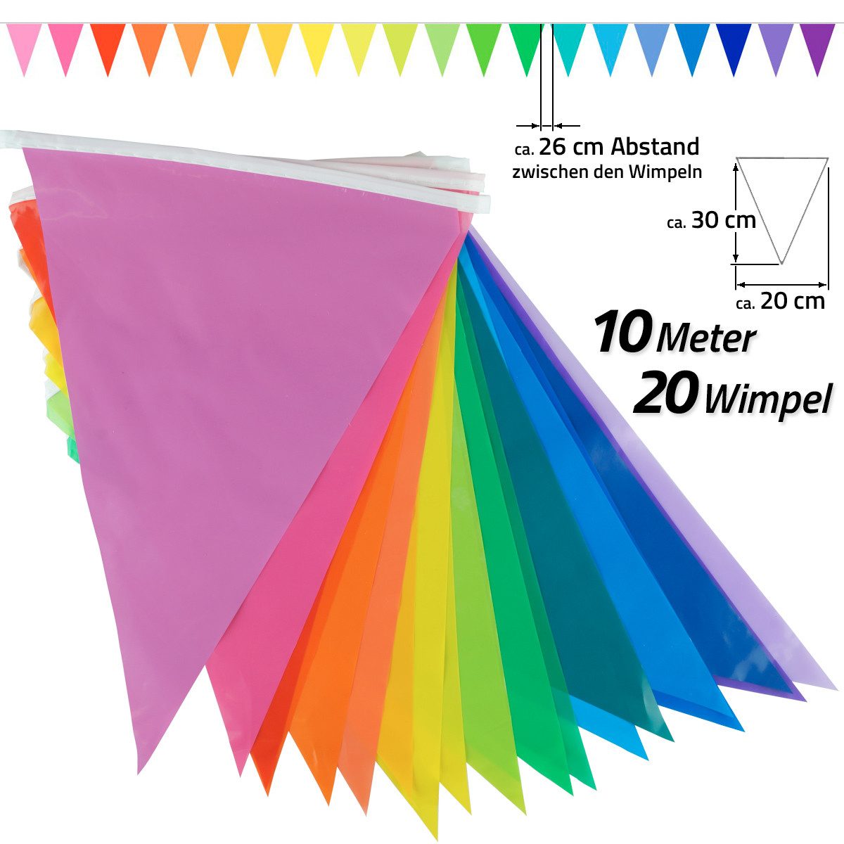 Goodymax Hängedekoration Wimpelkette 10 m Regenbogen Farbverlauf bunt farbig Folie (20 Wimpel a 20 x 30 cm), Girlande Fähnchen Kette Wimpelgirlande Fahnen Deko