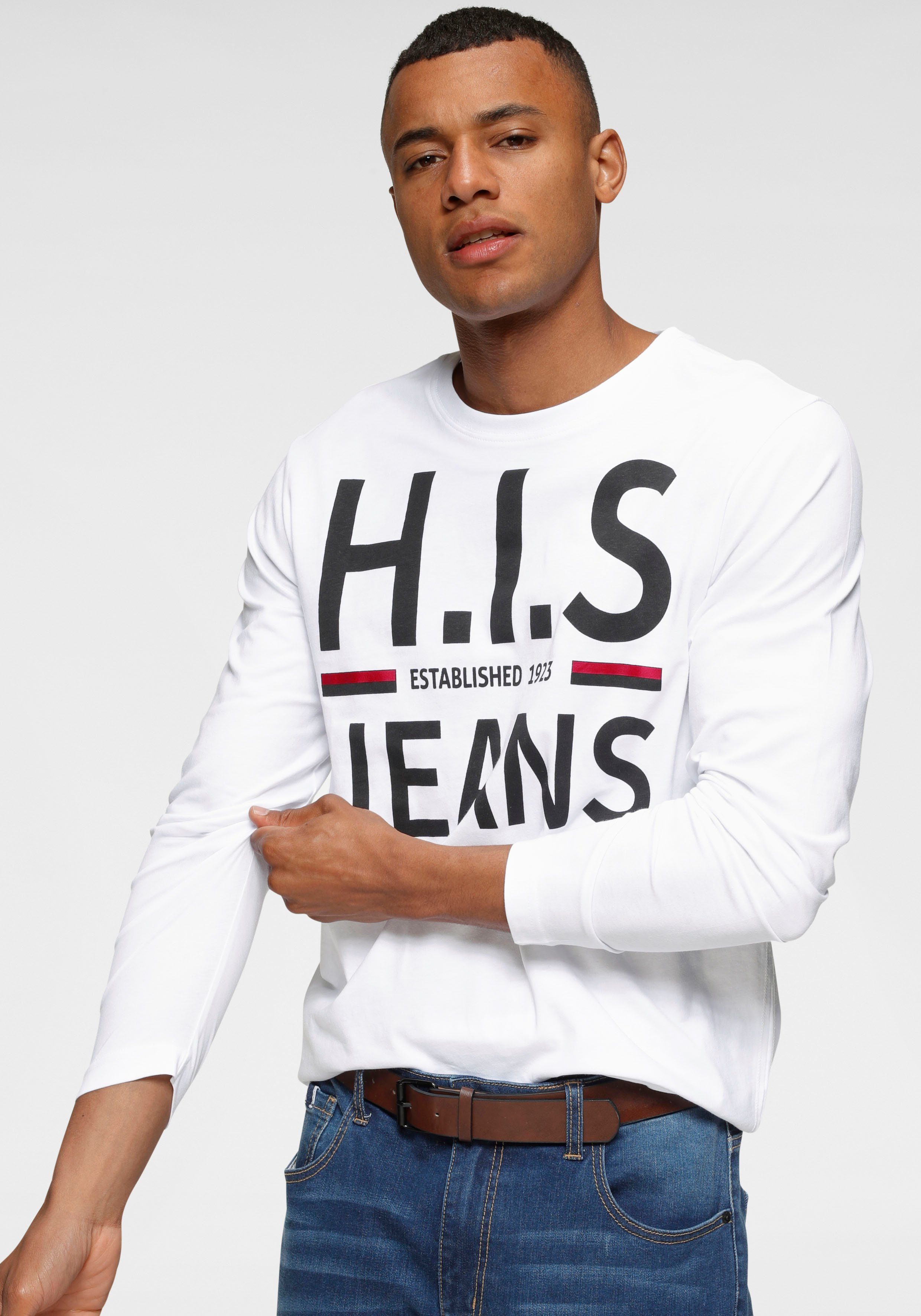 H.I.S weiß Langarmshirt Markenprint mit