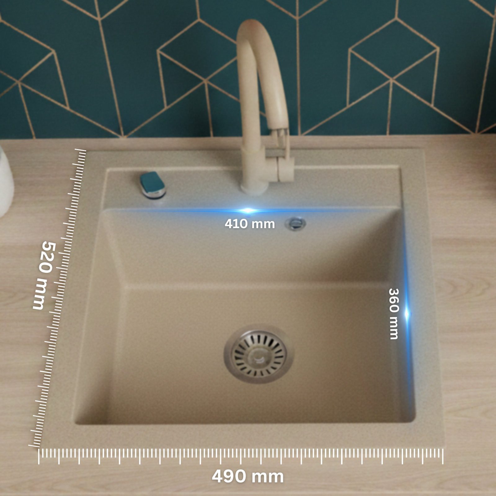 Faizee Möbel Granitspüle Granitspüle Küchenspüle inkl. Siphon & Armatur Beige 48x50cm – Bild 3 von 4