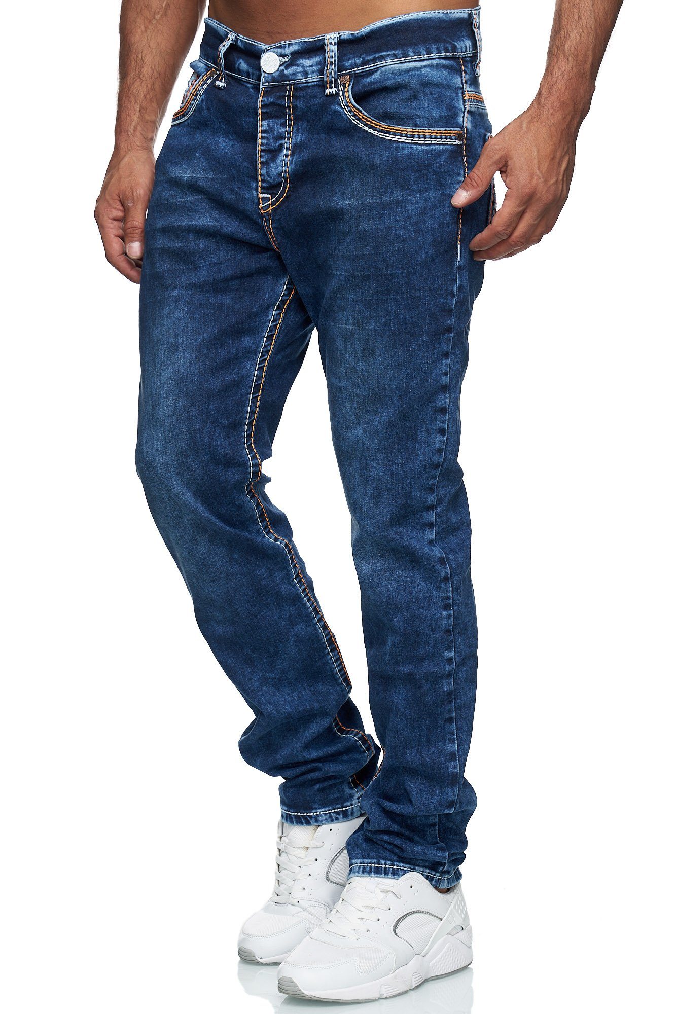 Baxboy Regular-fit-Jeans Fit Herren Straight Neon-Naht Stretch Orange Dicke Denim Jeans Stonewashed 20897-1