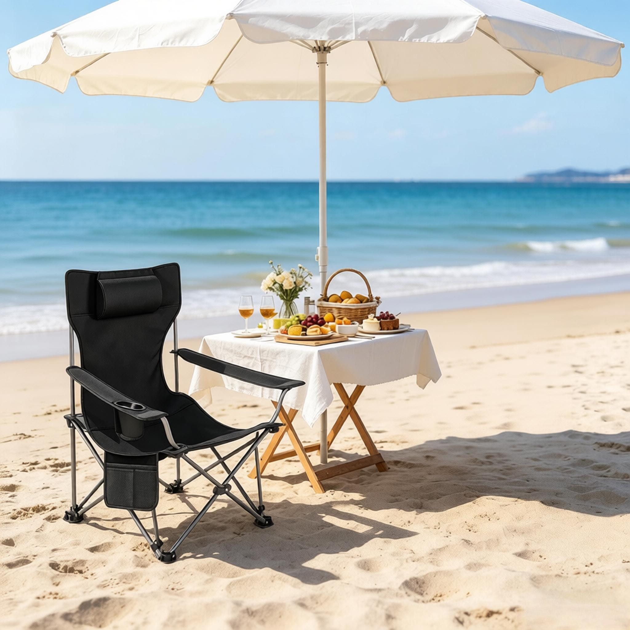 CHICFURN Campingstuhl Angelstuhl mit ausziehbarer Fußlehne und ergonomischem Sitz (Packung, 1 St), Tragbarer Freizeitstuhl für Wandern und Outdoor, Schwarz