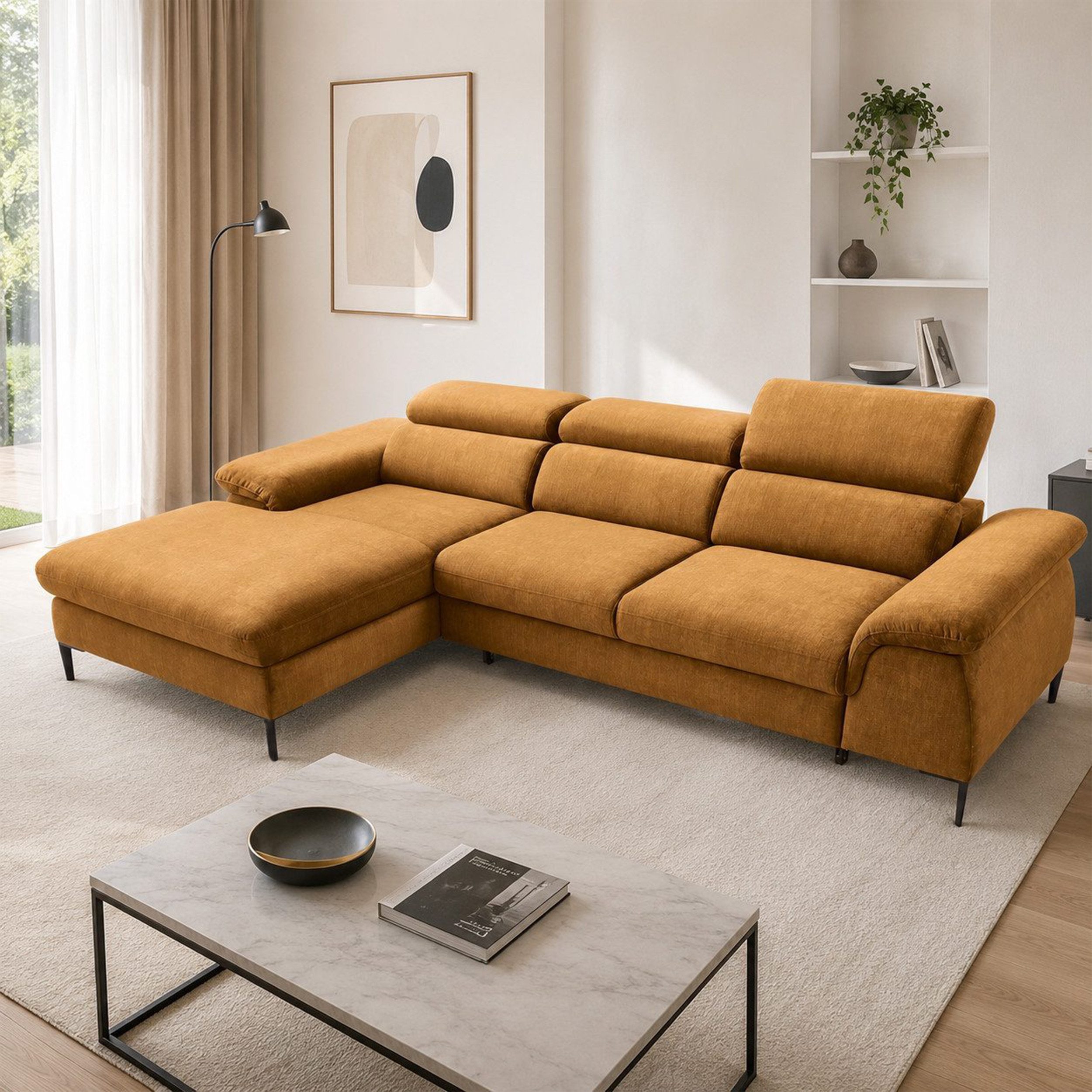 Goldstoff Schlafsofa LARGO Ecksofa mit Schlaffunktion und Stauraum - Sofa L-Form, Couch mit Schlaffunktion und Bettkasten, Einstellbare Kopfstützen