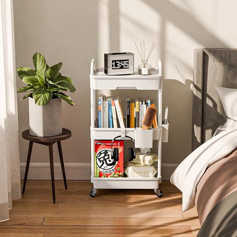 SPACEKEEPER Regal 3-stöckiger Rollwagen mit Schublade – Badorganizer & Küchenorganizer, 1-tlg., Mobiler Aufbewahrungswagen für enge Nischen, Küche & Wäscherei