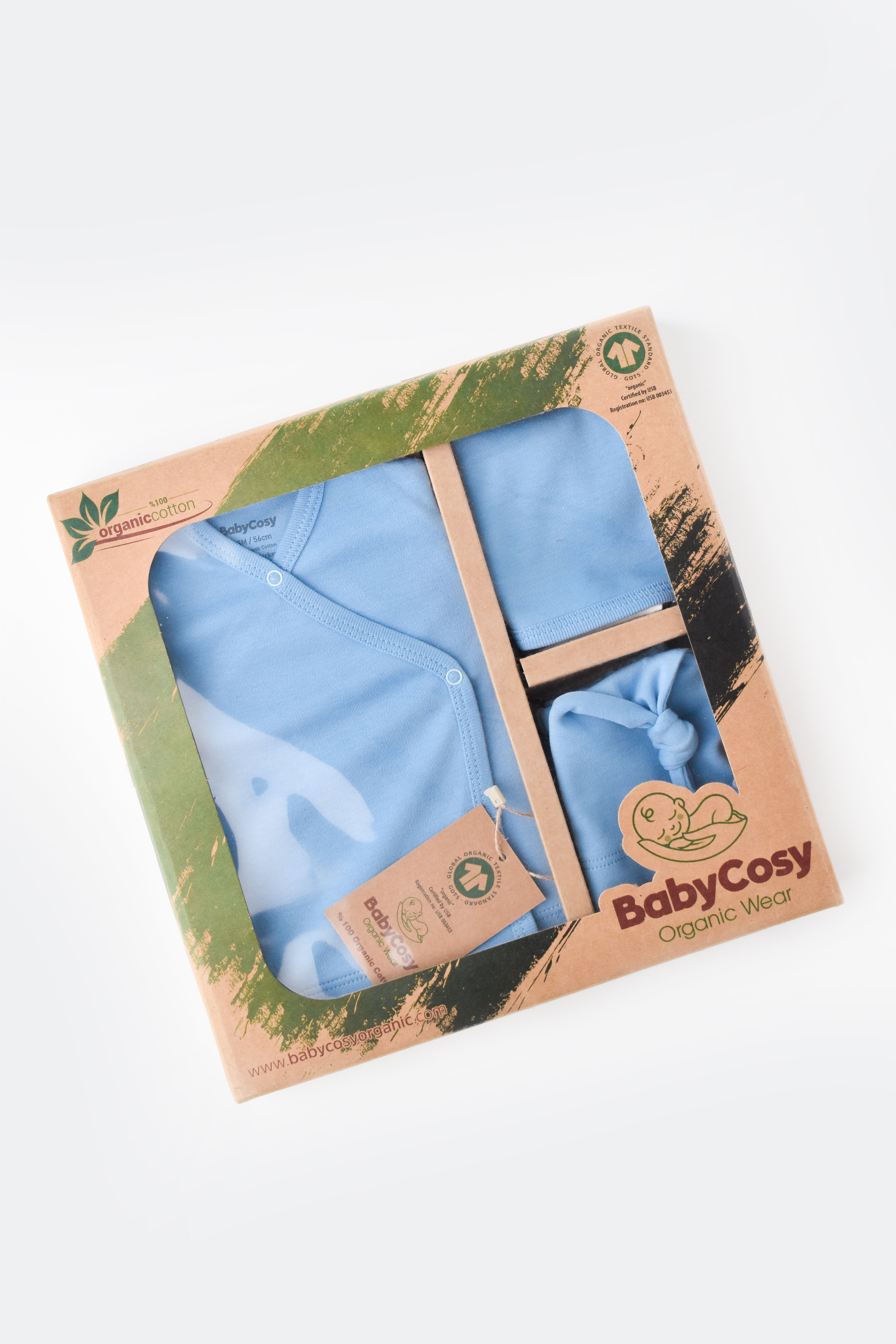 BabyCosy Erstausstattungspaket Organic Erstaustattungspaket Set (5 Teiliges Set, mit Oberteil, Langarmshirt, Pant, Sabber Tuch und Mütze) aus Bio Baumwolle Blau