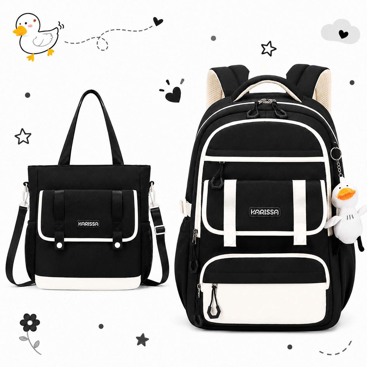 MOPUEA Schulrucksack Schulrucksack Mädchen Teenager (Rucksack Set mit Schultasche und Nachhilfetasche, 2-tlg., Für Grundschule und weiterführende Schule mit Laptopfach), Leicht Großes Volumen Kawaii Design Wasserabweisend