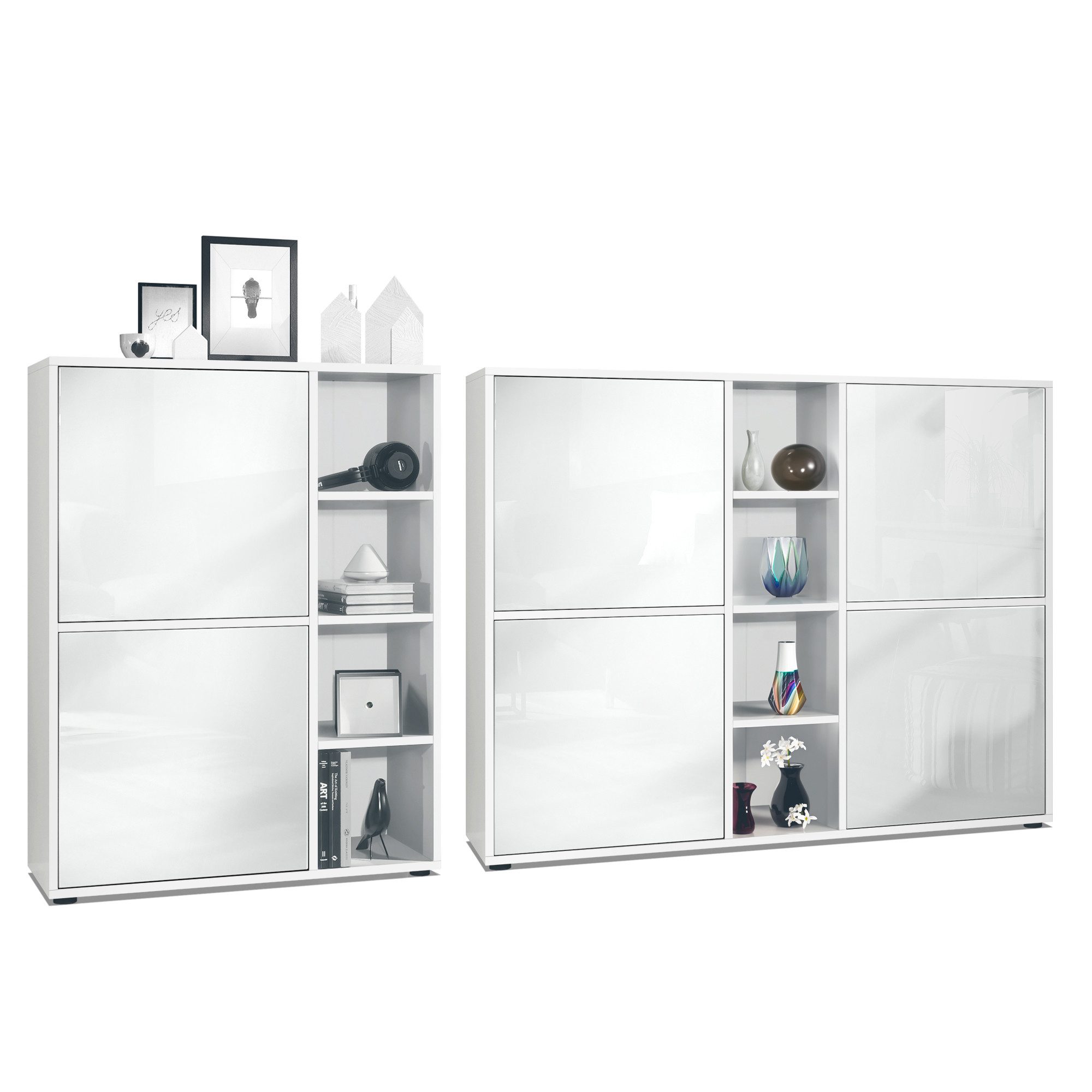 Vladon Wohnwand Miami, (Wohnraum Set, bestehend aus 2 Highboards), Weiß matt / Weiß Hochglanz