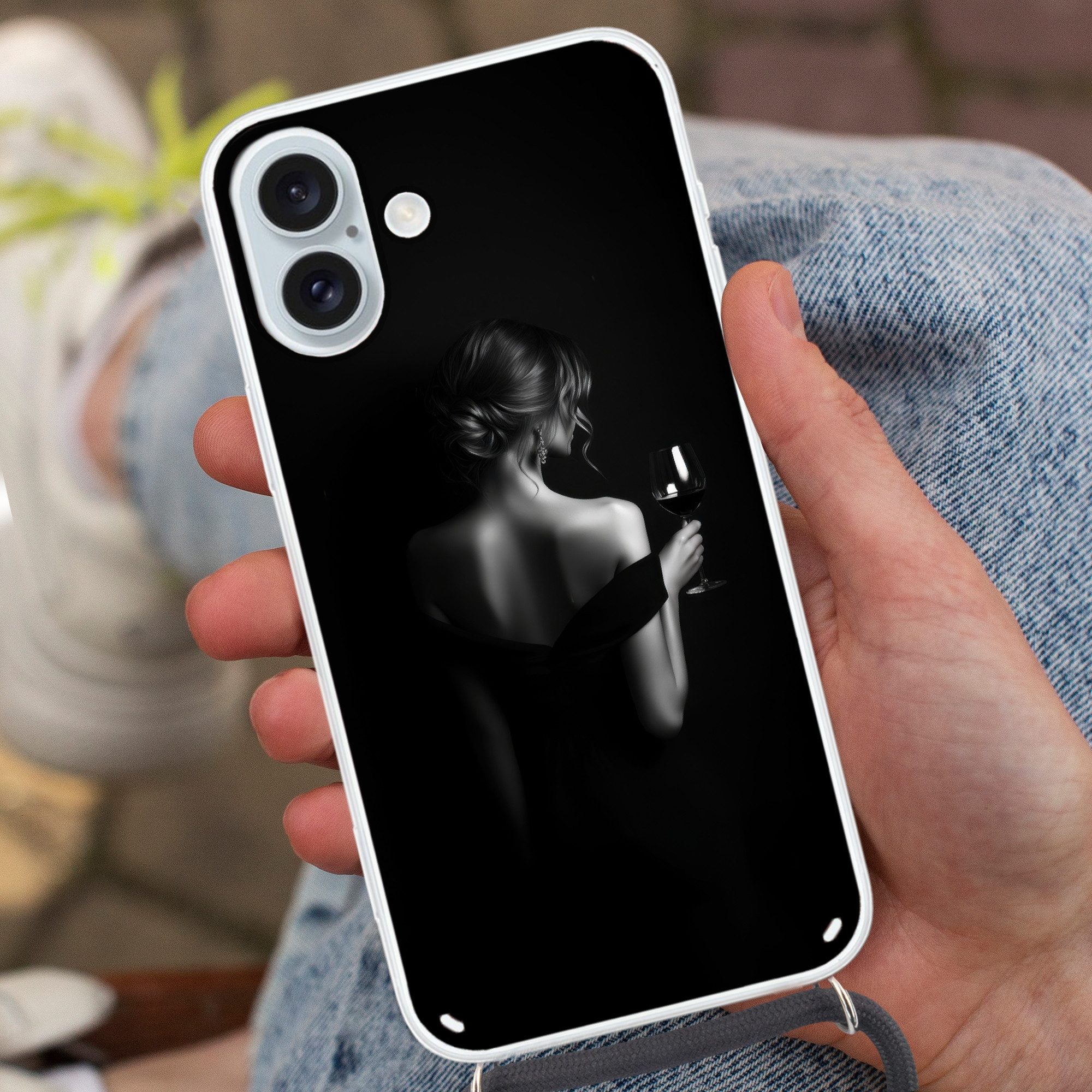 MuchoWow Handyhülle für Apple iPhone 16 Plus Frau - Wein - Kleid, Tragbare Handyhüllen mit Kette zum umhängen, Handykette Handyband