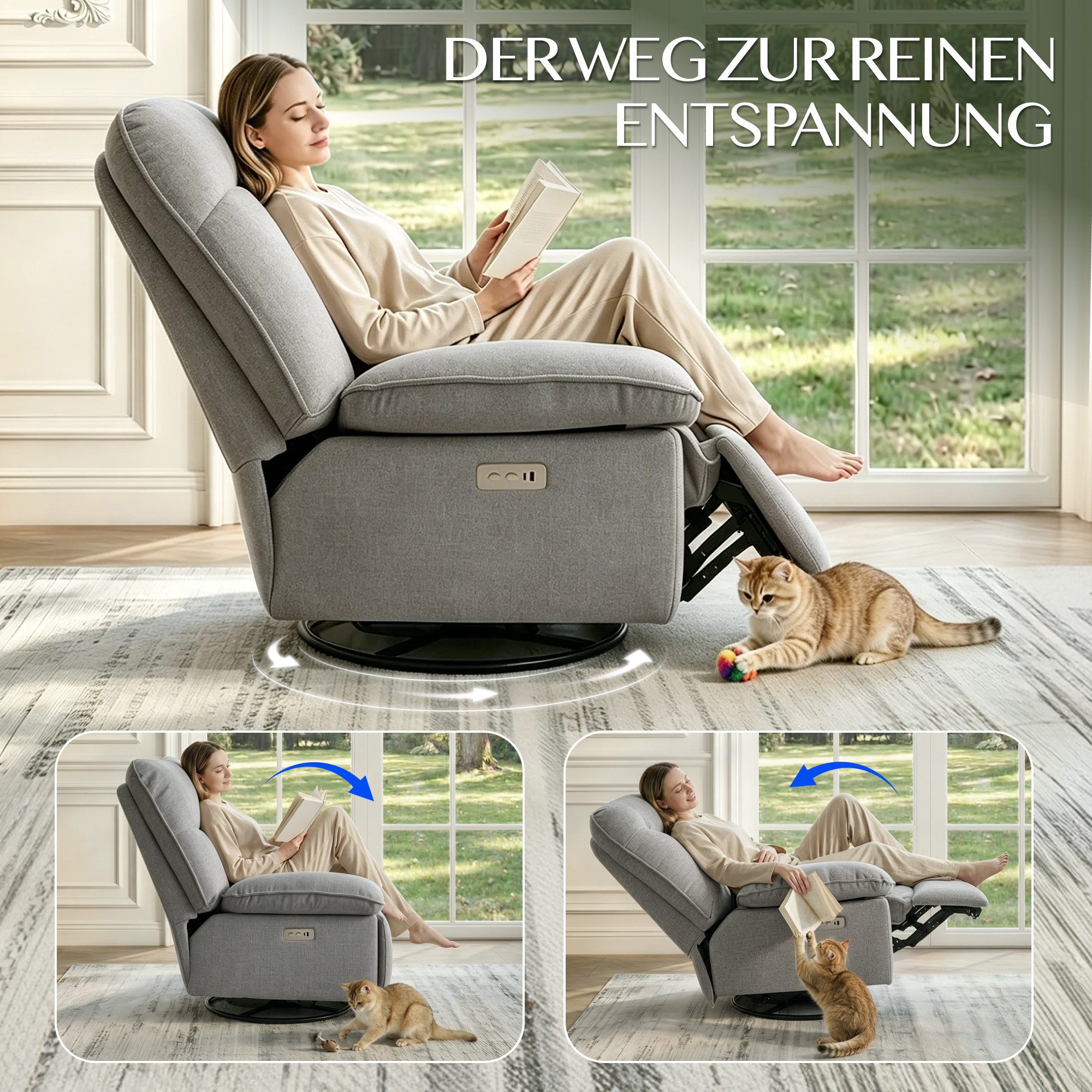 FLEXISPOT Sessel Schaukelsessel gemütlicher TV-Sessel, Relaxsessel (Schlafsessel mit USB, Drehsessel mit Rocking, Ruhesessel für Senioren & Stillenden), Versteckter Stauraum, 105° - 145° verstellbar, 159 KG belastbar