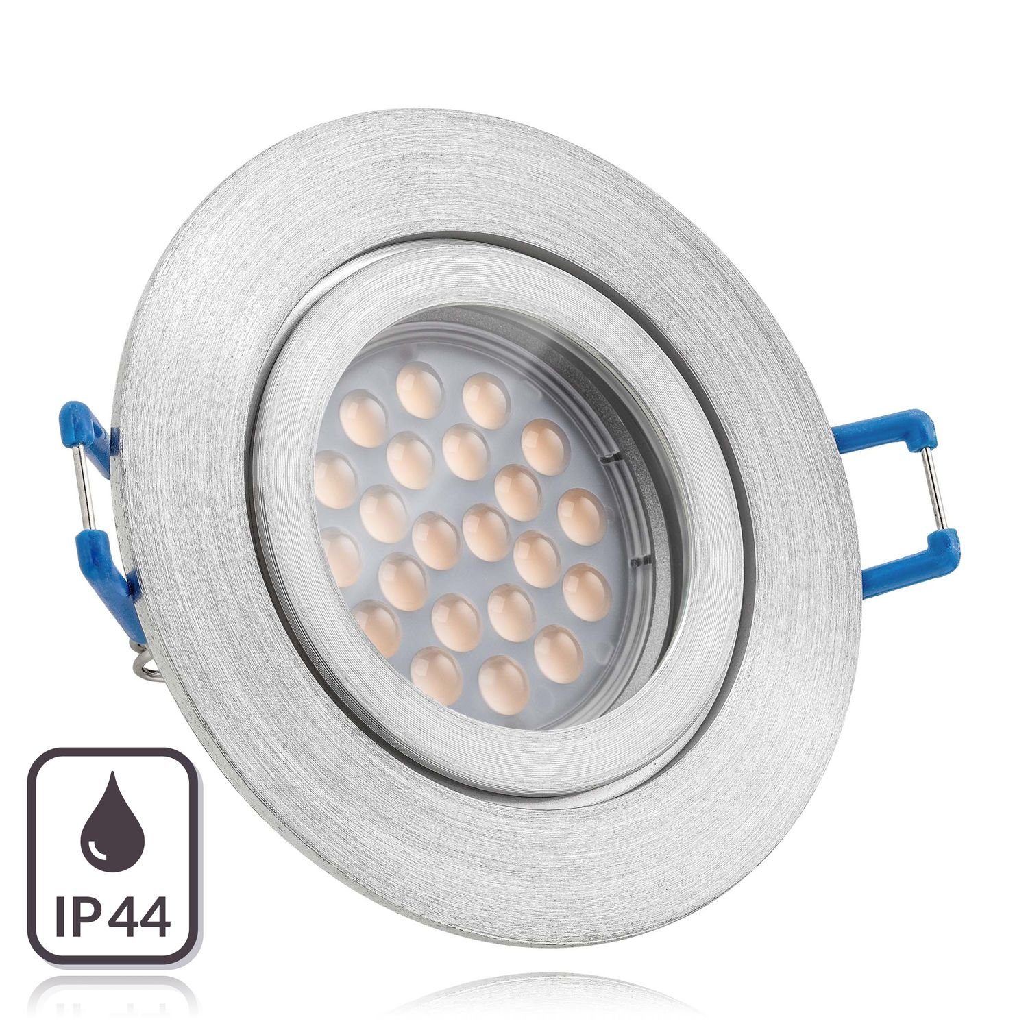 LEDANDO LED Einbaustrahler IP44 LED Einbaustrahler Set Aluminium natur mit  LED GU10 Markenstrahler von LEDANDO - 5W - warmweiss - 60° Abstrahlwinkel -  Feuchtraum / Badezimmer - 50W Ersatz - A+ - LED Spot 5 Watt - Einbauleuchte  rund