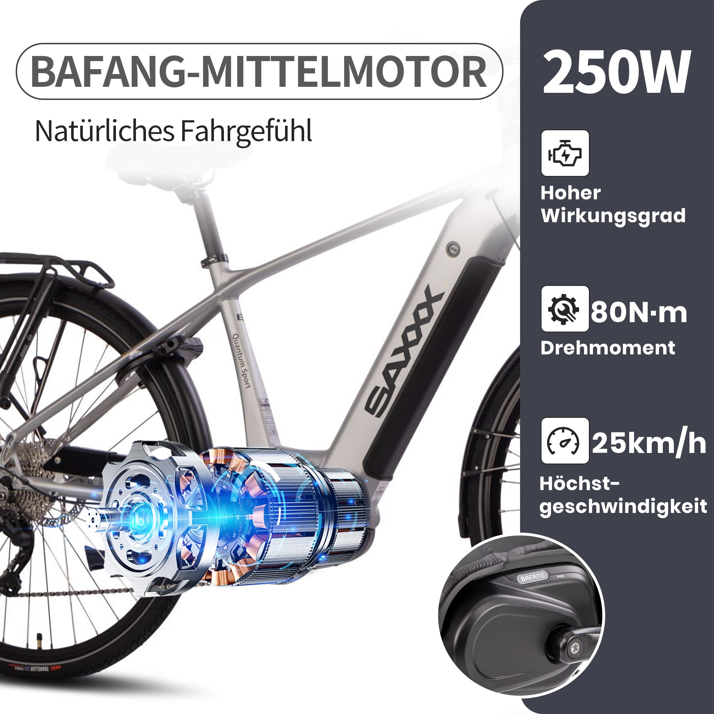 SAXXX E-Bike Trekkingrad 28 Zoll für Damen u. Herren, SAXXX QSD, 540Wh, max. 110km, 130kg, 10 Gang SHIMANO Deore Schaltwerk, Kettenschaltung, Mittelmotor, 540 Wh, (mit entnehmbarem Akku, mit Akku-Schlüssel, mit Gepäckträger), StVZO Pedelec, hydr. Scheibenbremsen, vormontiert zu 95 %