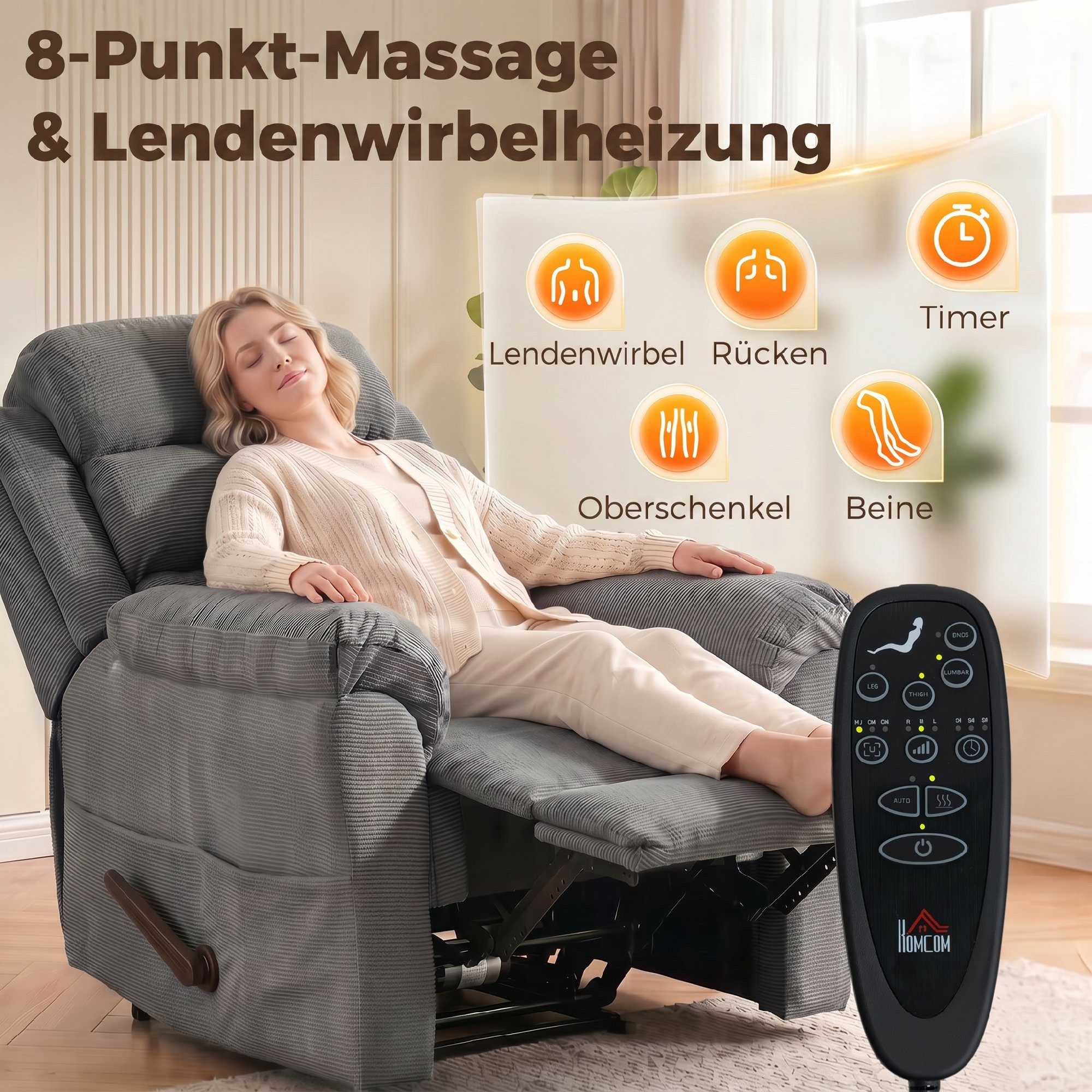 HOMCOM Massagesessel Relaxsessel Fernsehsessel mit Liegefunktion und Seitentasche (TV-Sessel, 1-St., Ruhesessel), mit Chenille-Optik, Grau – Bild 4 von 5