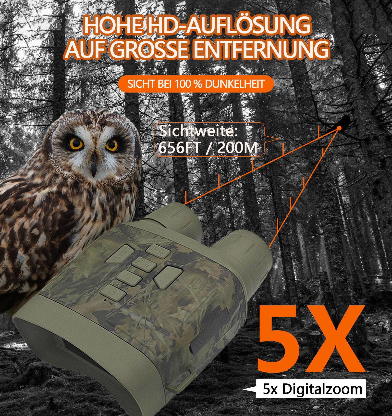 Tekoo Nachtsichtgerät Digitales Nachtsichtgerät 4K 36MP Infrarot Fernglas 200m inkl. 64GB, 4K-Video, 36MP, 200m Nachtsicht, 3" HD-Display & 4000mAh Akku