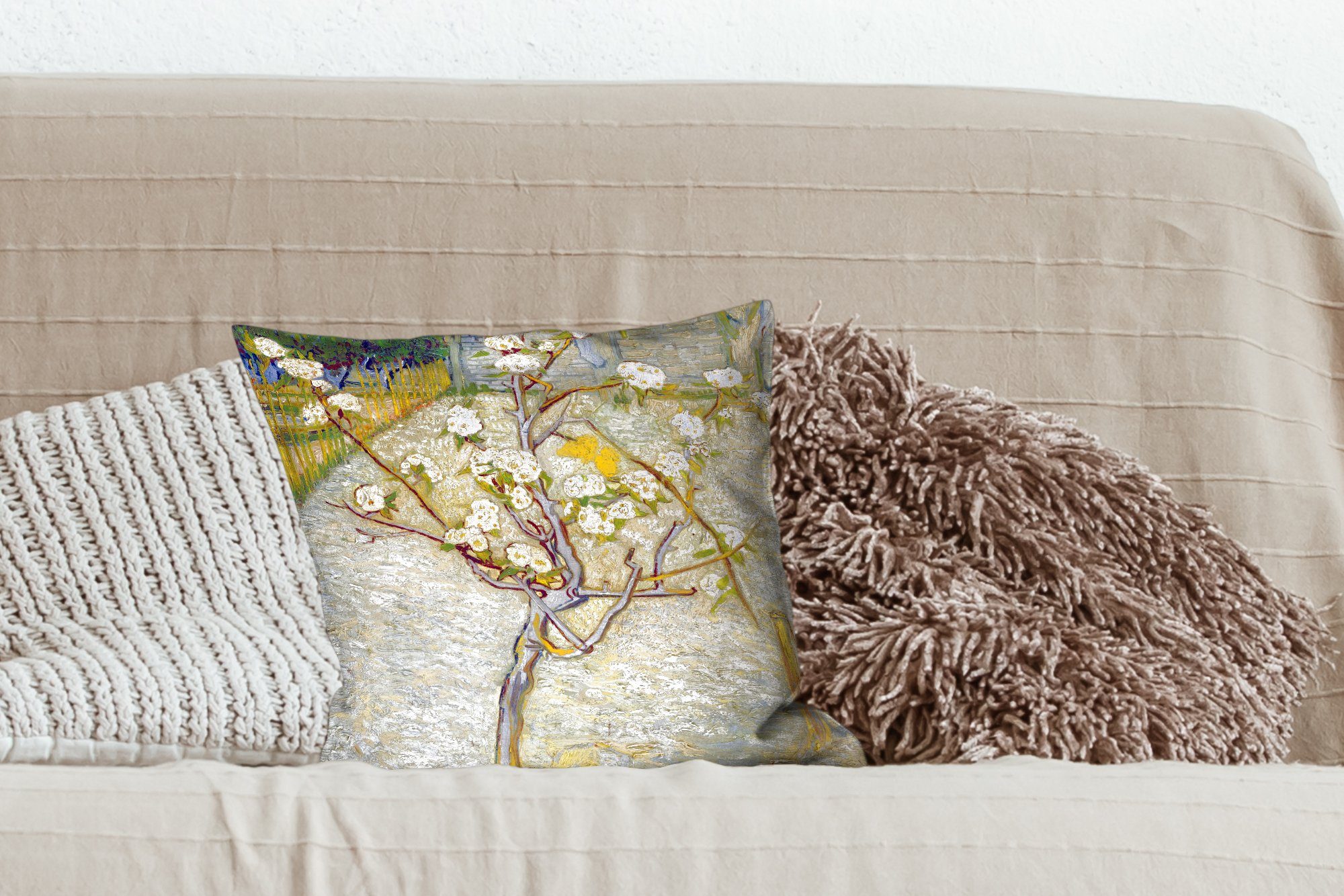 Vincent van MuchoWow Wohzimmer, mit Schlafzimmer, Blühender für Zierkissen Dekokissen Gogh, Deko, - Sofakissen Füllung Birnbaum