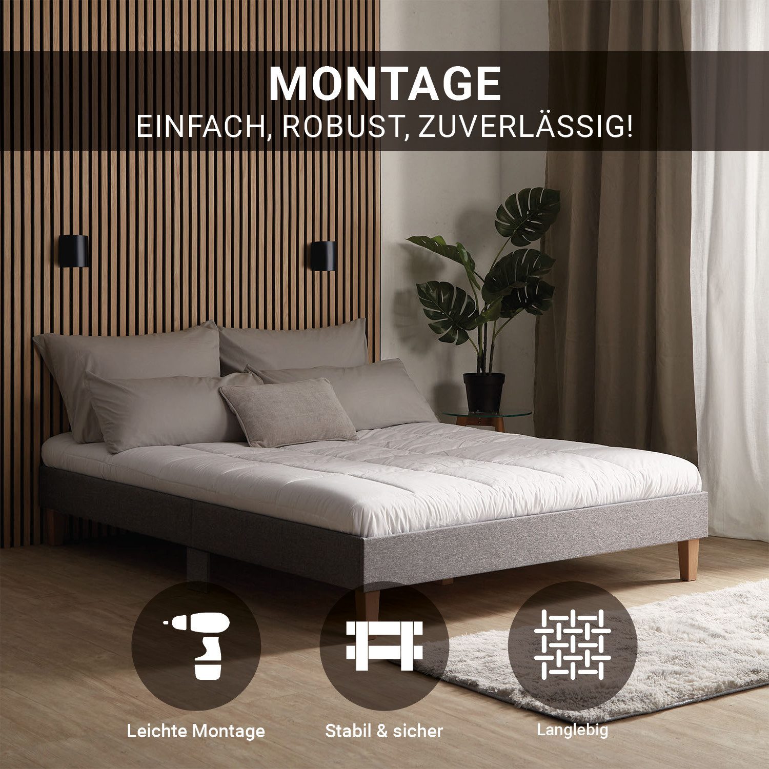 Homestyle4u Polsterbett 140x200 Doppelbett Futonbett Holzbett Grau Bettgestell Holzfüße (Komplett-Set mit Lattenrost, Matratze mit OEKO-TEX® Standard 100), Holzbeine