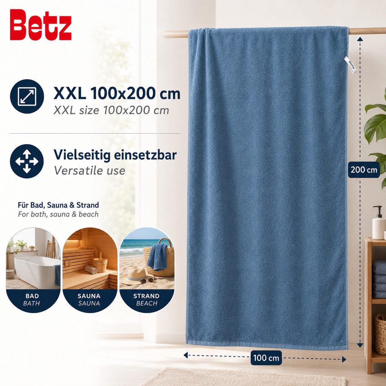 Betz Badetuch Berlin Größe 100 x 200 cm Saunatuch & Strandtuch 360 g/m², 100% Baumwolle (1 Stück, 1-St), saugstark & weich – großes Handtuch mit Aufhänger – Ser – Bild 4 von 5