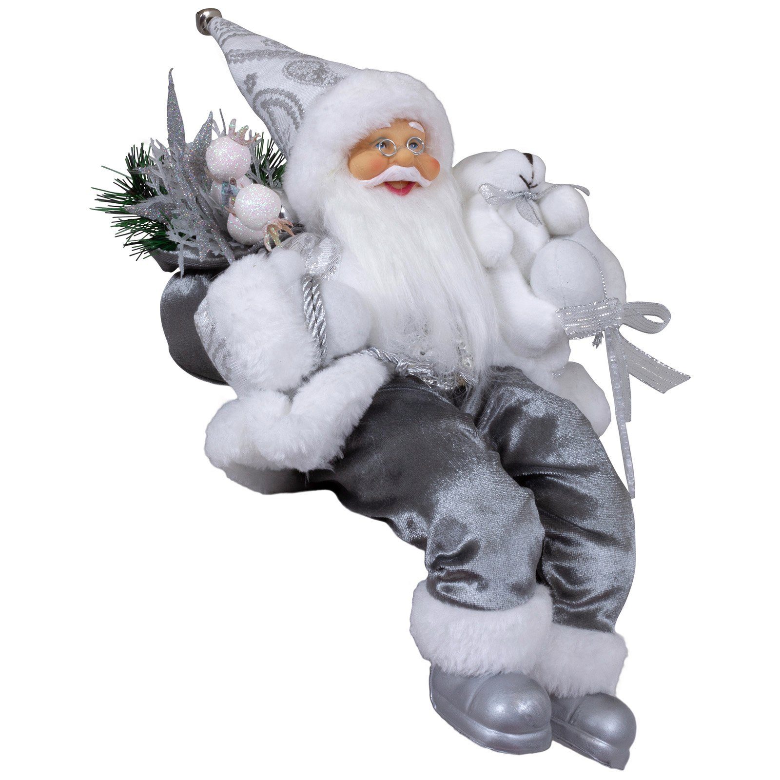 Christmas Paradise Weihnachtsmann Olaf 30cm sitzend (Dekofigur silber, 1 St., Weihnachtsdeko), Kantenhocker zum Hinsetzen
