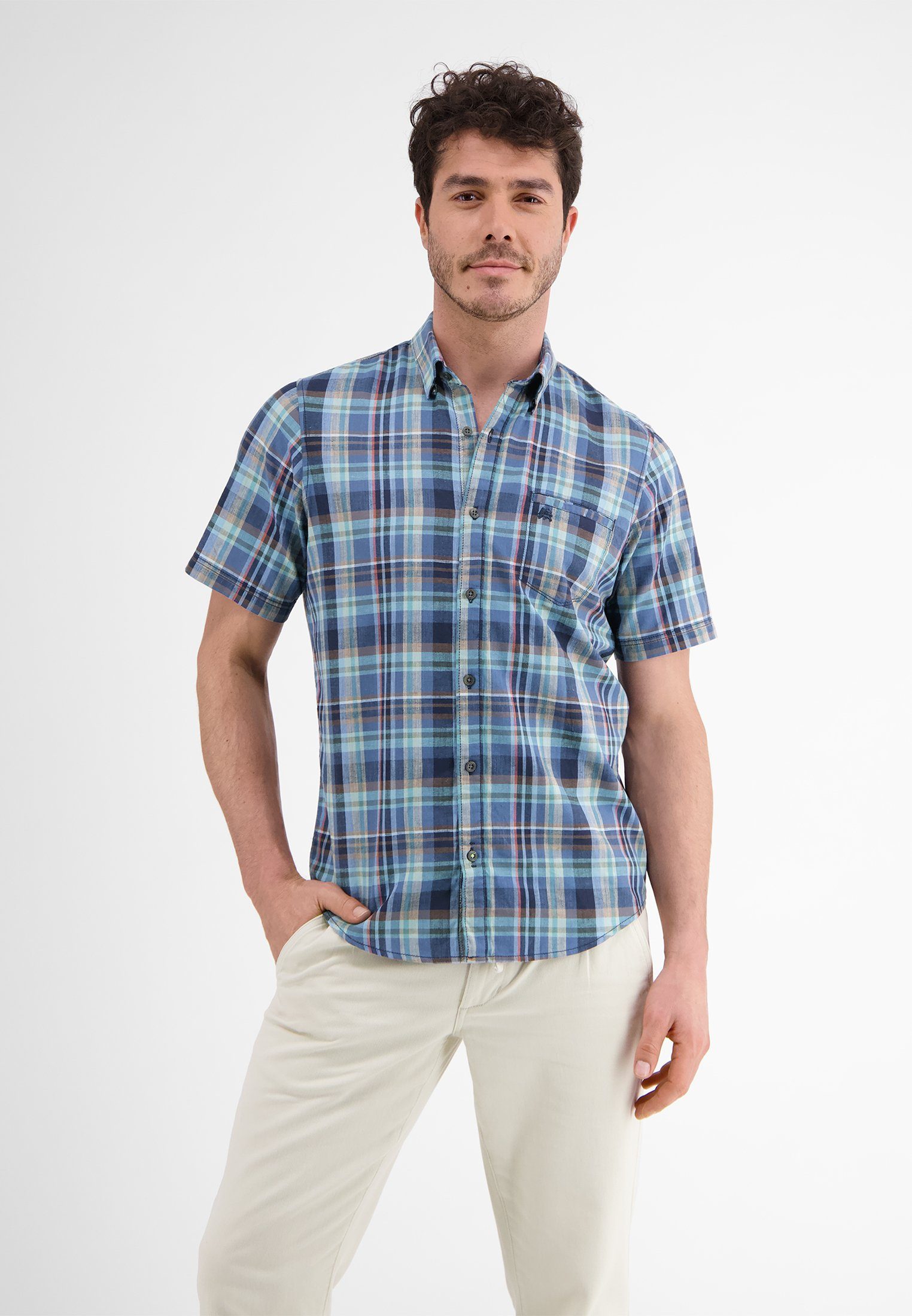 LERROS Kurzarmhemd LERROS Kariertes Halbarmhemd, Baumwoll-Leinen-Mix