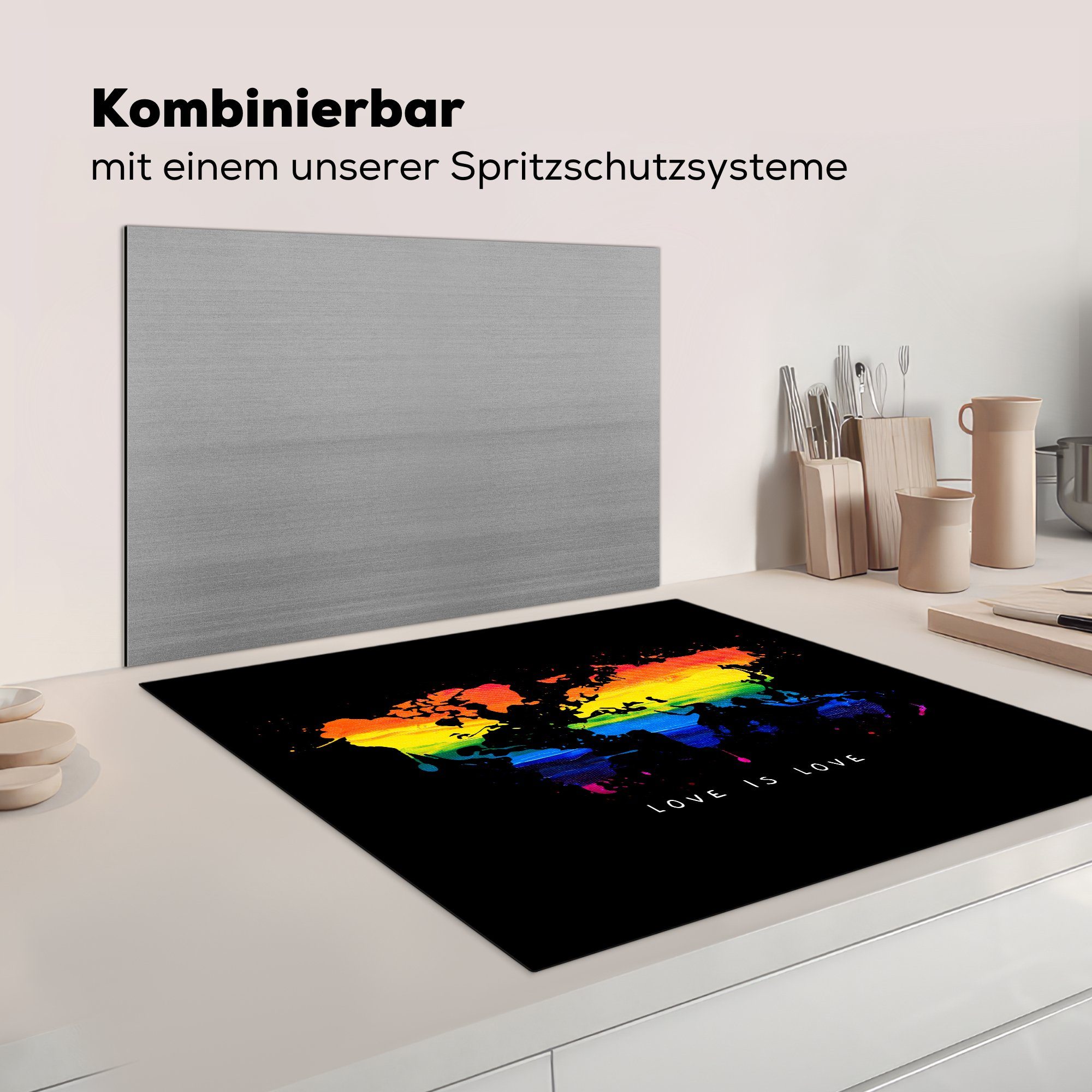 Vinyl, tlg), Herdblende-/Abdeckplatte MuchoWow 78x78 (1 cm, - Stolz küche Weltkarte - Arbeitsplatte für Liebe, Ceranfeldabdeckung,