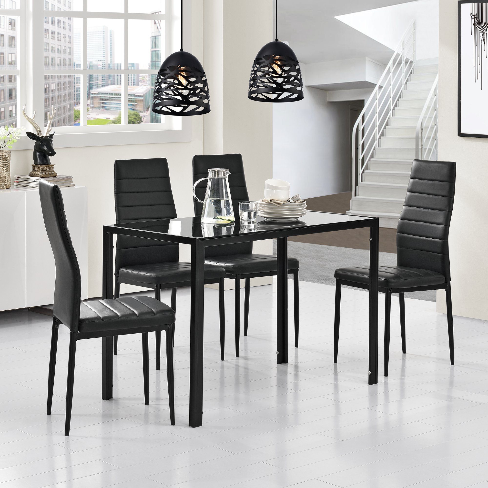en.casa Esszimmer-Set, (Set, 5-St., Bestehend aus 1 Tisch, 4 Stühlen), »Bergen« Esstisch + 4 Stühle in verschiedenen Farbkombinationen Tisch schwarz mit schwarzen Stühlen