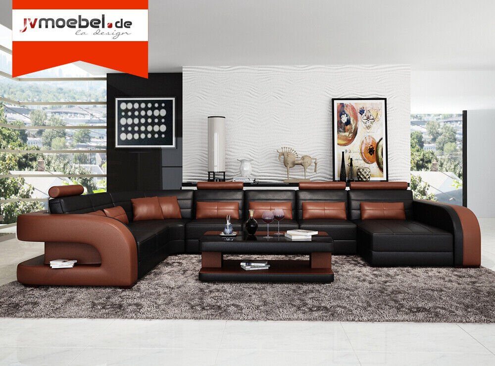 JVmoebel Ecksofa Big Wohnlandschaft Sofa mit USB Couch Eck Leder Sofa Garnitur Couchen Schwarz/Braun
