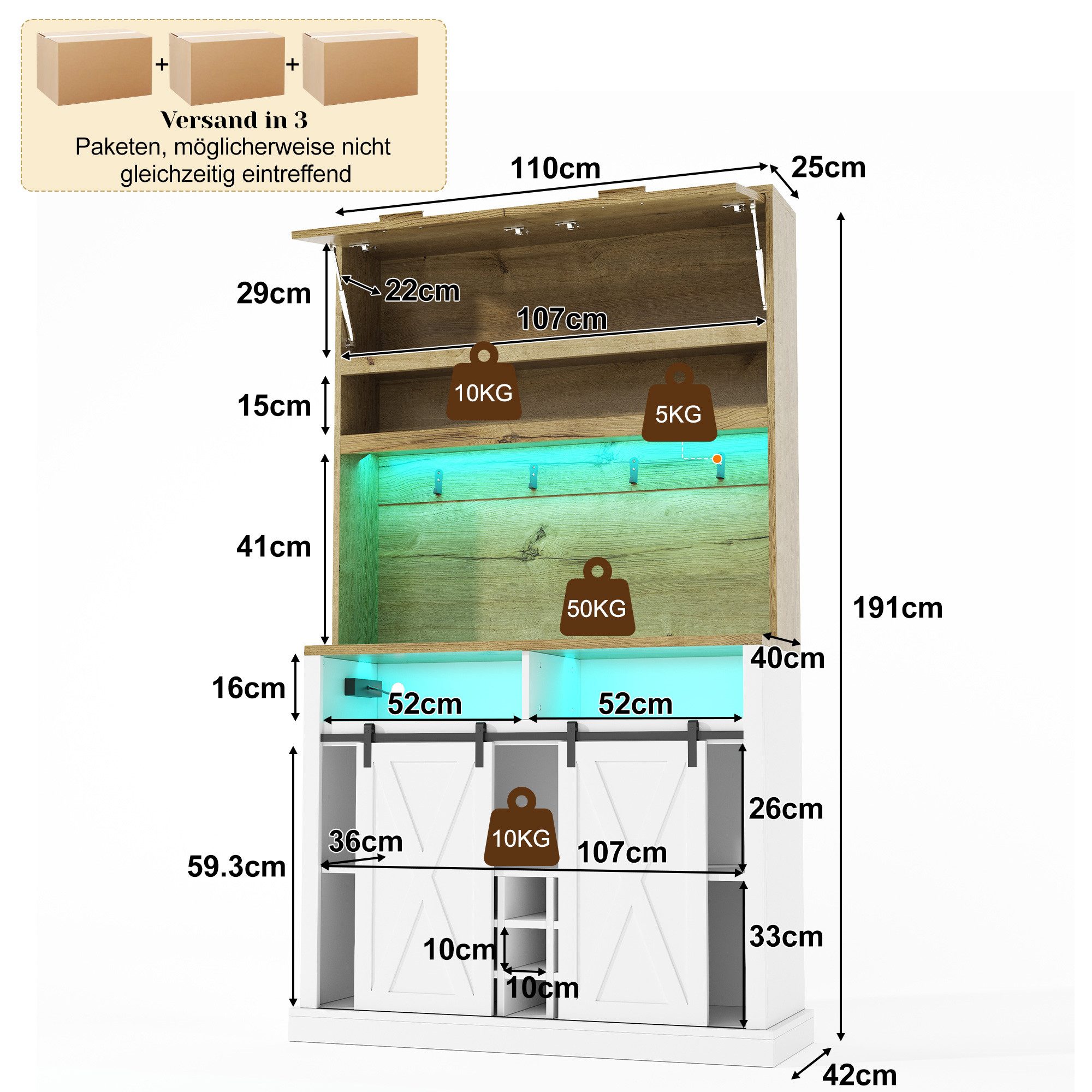 Flieks Küchenbuffet Hochschrank mit LED-Beleuchtung, Steckdose, Haken, Weinregal (1-St., B110/T42/H191 cm) Küchenschrank mit Arbeitsplatte in Holzoptik Mehrzwec – Bild 5 von 5