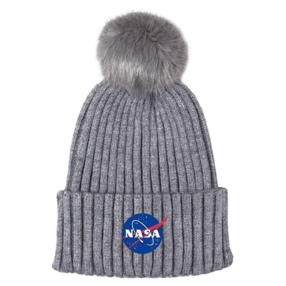Strickmütze NASA Strickmütze mit Bommel / Pompons, Bommelmütze, grau mit Schriftzu