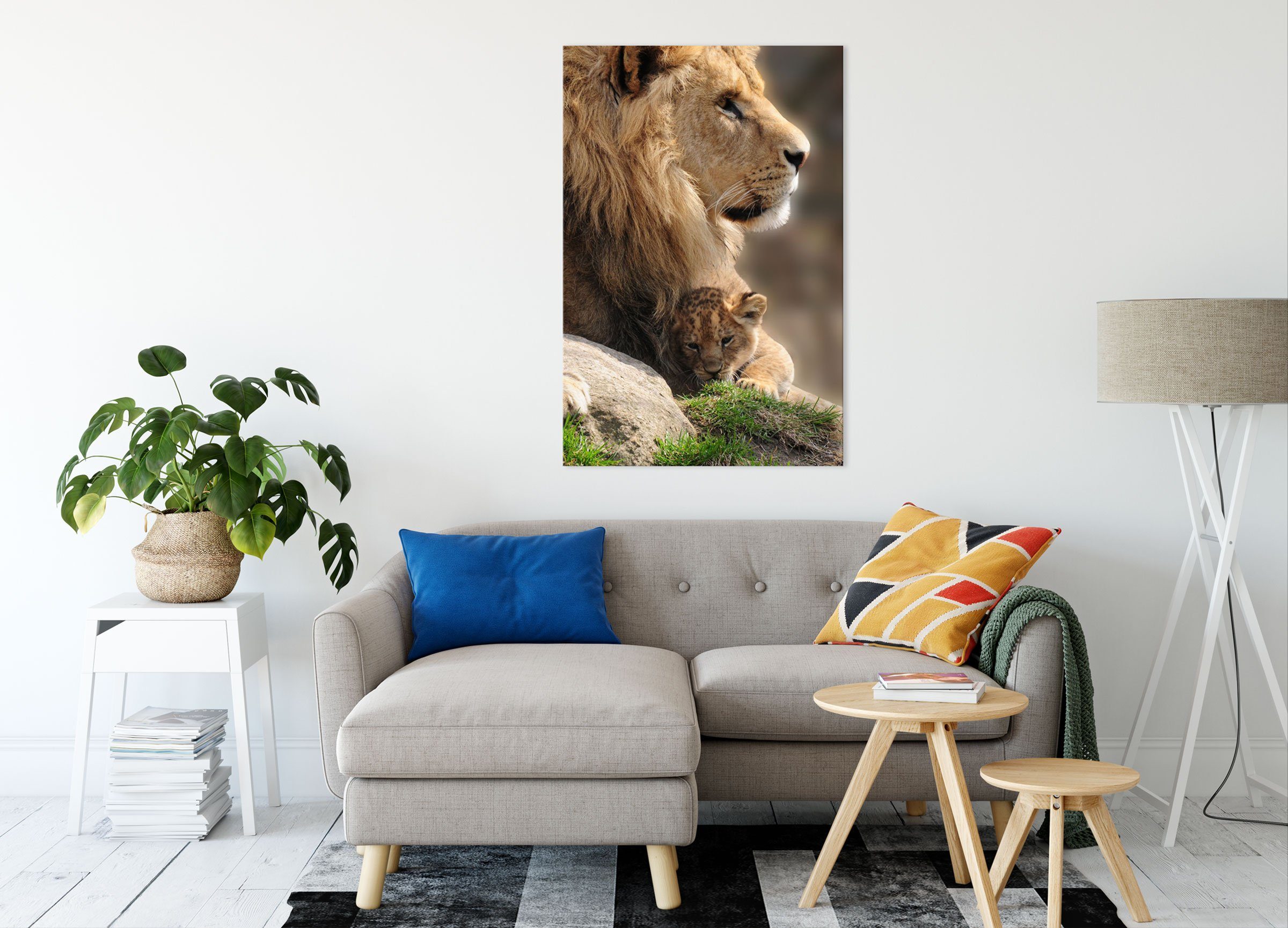 Pixxprint Leinwandbild Leinwandbild inkl. mit Löwenbaby, fertig Löwenbaby St), mit Zackenaufhänger Löwe (1 Löwe bespannt