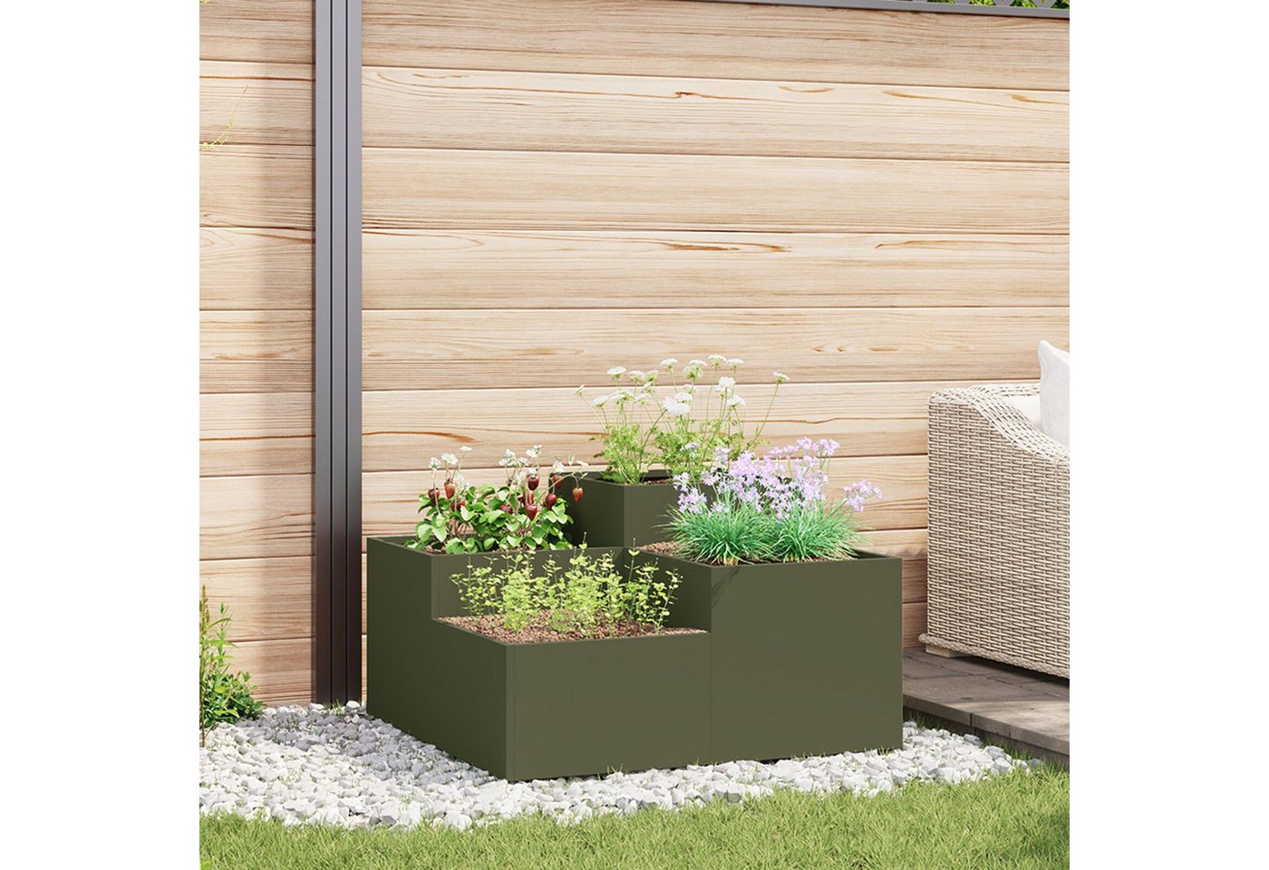 Thumbnail - vidaXL Hochbeet Gartenpflanzer 80x80x48 cm Olivgrün Stahl